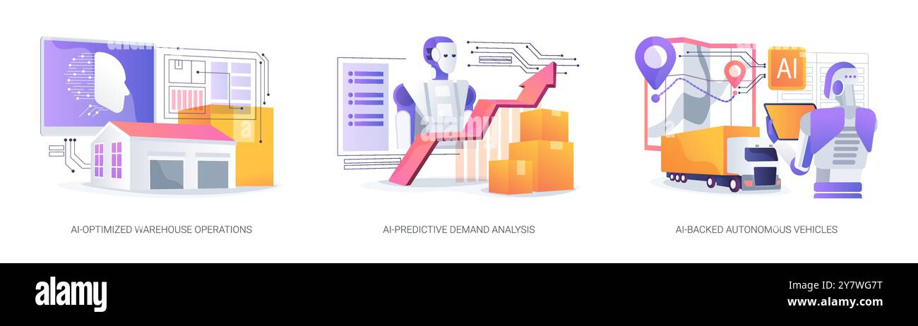 KI in Logistik und Lagerhaltung abstrakte Konzeptvektorillustrationen. Stock Vektor