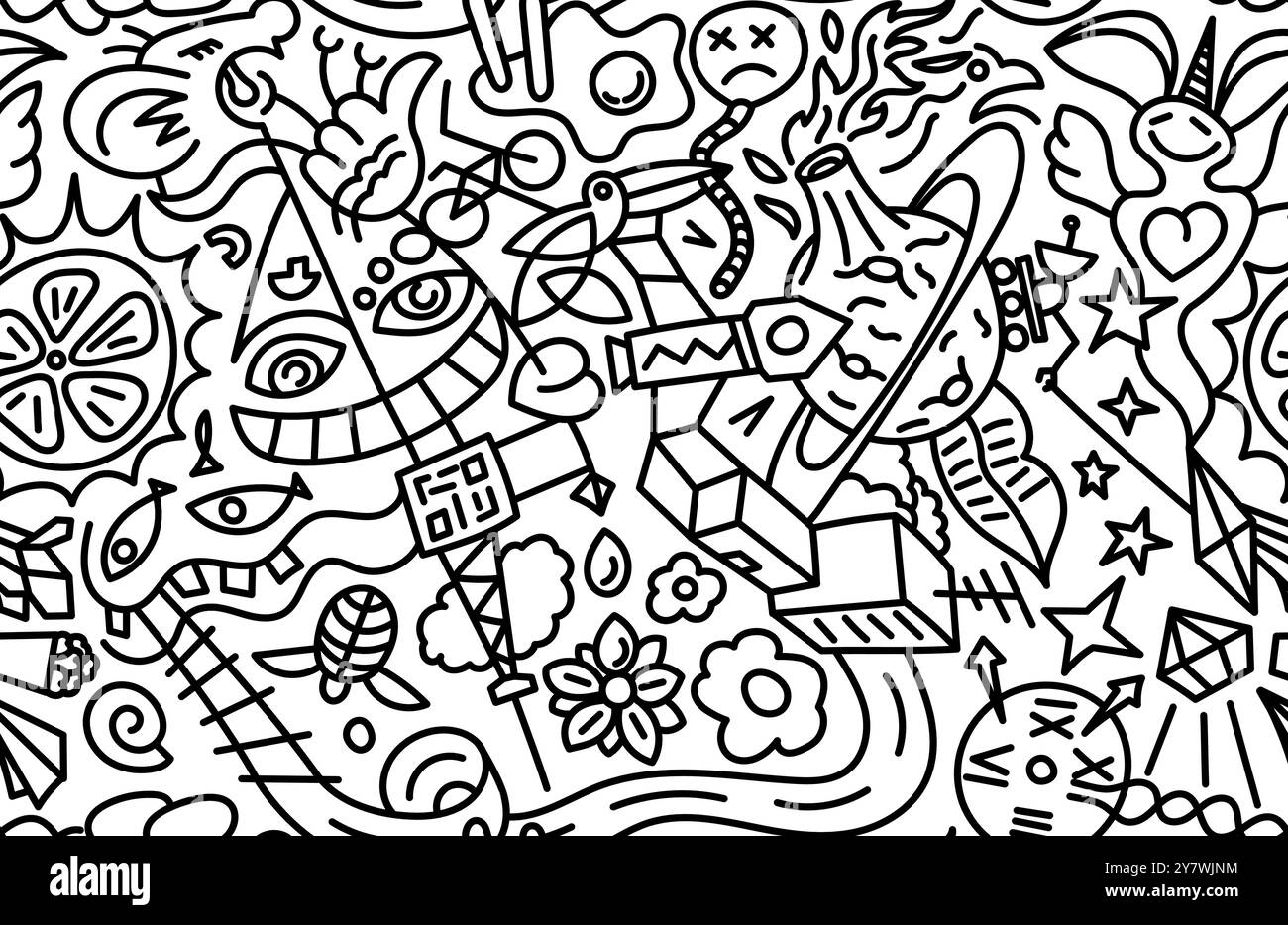 Abstraktes, lineares Doodle-nahtloses Muster. Schwarzer, auffälliger Marker umrahmt chaotischen endlosen Druck auf weißem Hintergrund. Moderne, trendige Formen im urbanen Stil. Zeitgenössisches Design mit einfarbiger Grafik Stock Vektor