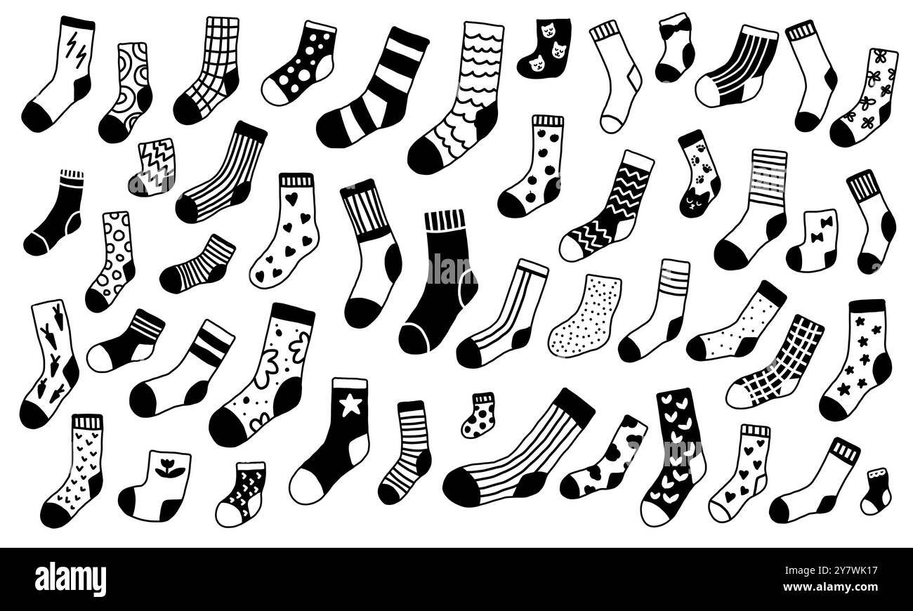 Kritzele schwarze und weiße Socken mit unterschiedlicher Textur Stock Vektor