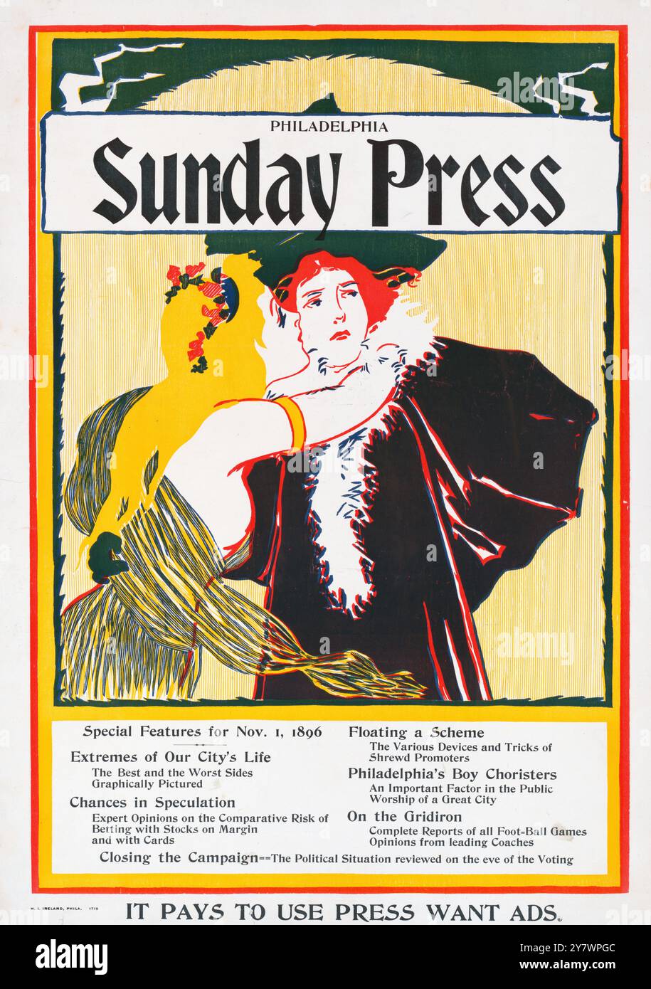 Antikes Poster für eine Zeitung - Philadelphia Sunday Press. Sonderfunktionen für den 1. November 1896 – John Sloan-Grafik Stockfoto