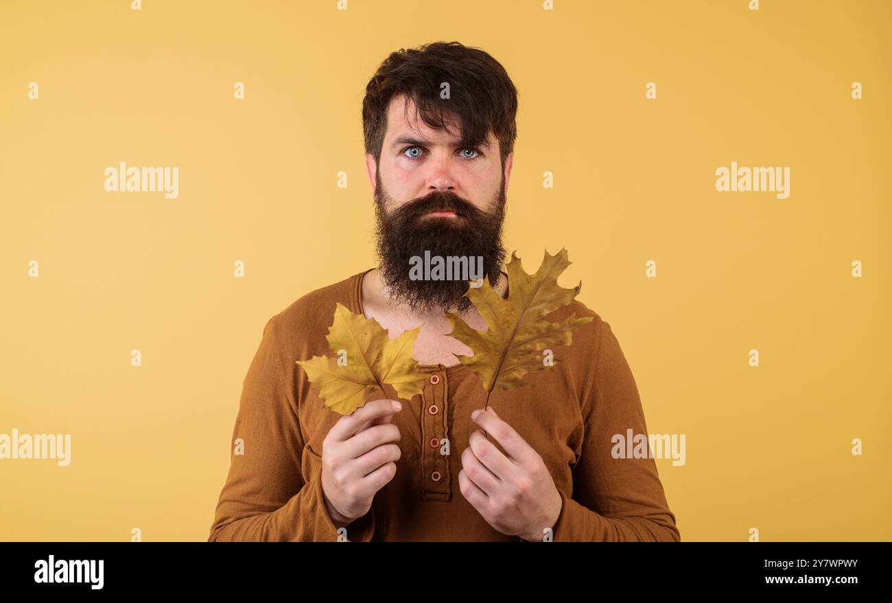 Herbstporträt eines ernsten bärtigen Mannes im orangen Pullover mit Herbstlaub. Stilvoller, hübscher Mann mit Herbstlaub. Modischer Mann im trendigen Outfit Stockfoto