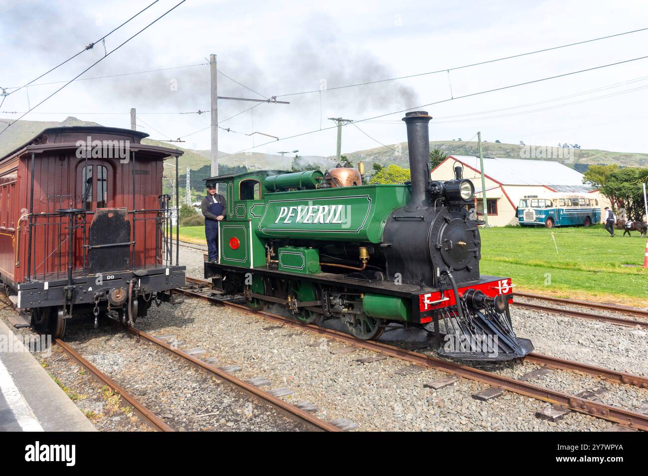 Peveril Dampfzug am Bahnhof Moorhouse, Ferrymead Heritage Park, Ferrymead, Christchurch (Ōtautahi), Canterbury, Neuseeland Stockfoto