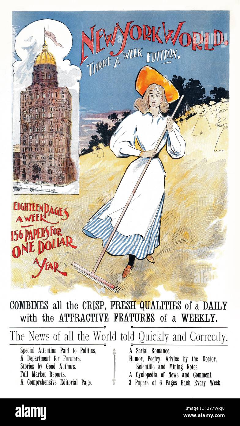 New York World – dreimal pro Woche (ca. 1890er Jahre) Poster für alte Zeitung – Frau mit einem Rechen auf einem Feld Stockfoto