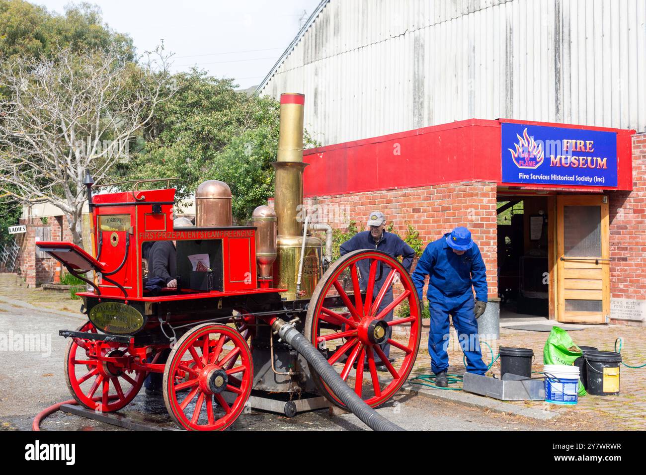 Vintage Torrent Dampffeuerwehr im Fire Museum, Ferrymead Heritage Park, Ferrymead, Christchurch (Ōtautahi), Canterbury, Neuseeland Stockfoto