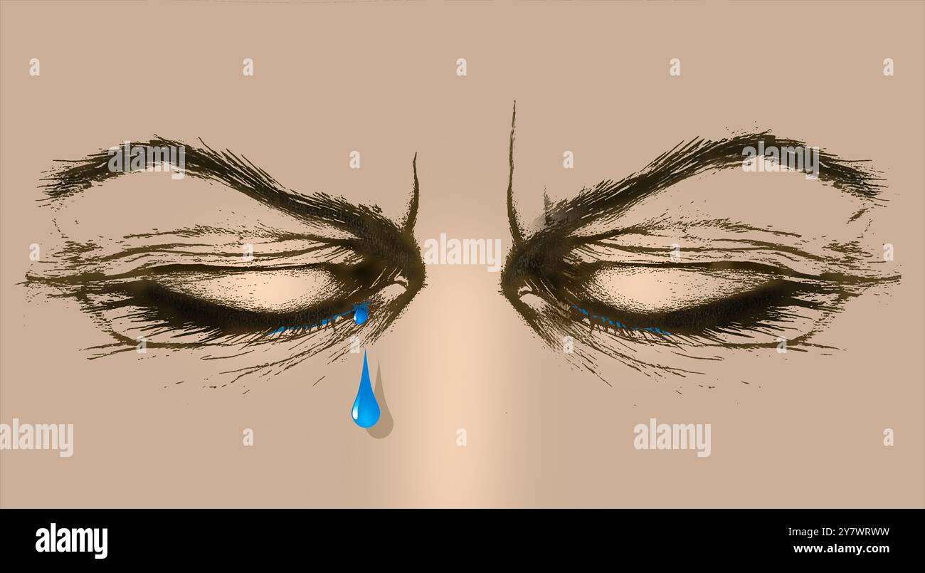 Eine Frau wird weinend gesehen, eine Träne weinend in einer grafischen einfachen 3D-Illustration über Weinen, Traurigkeit, Depression und andere Themen im Zusammenhang mit Weinen. Stockfoto