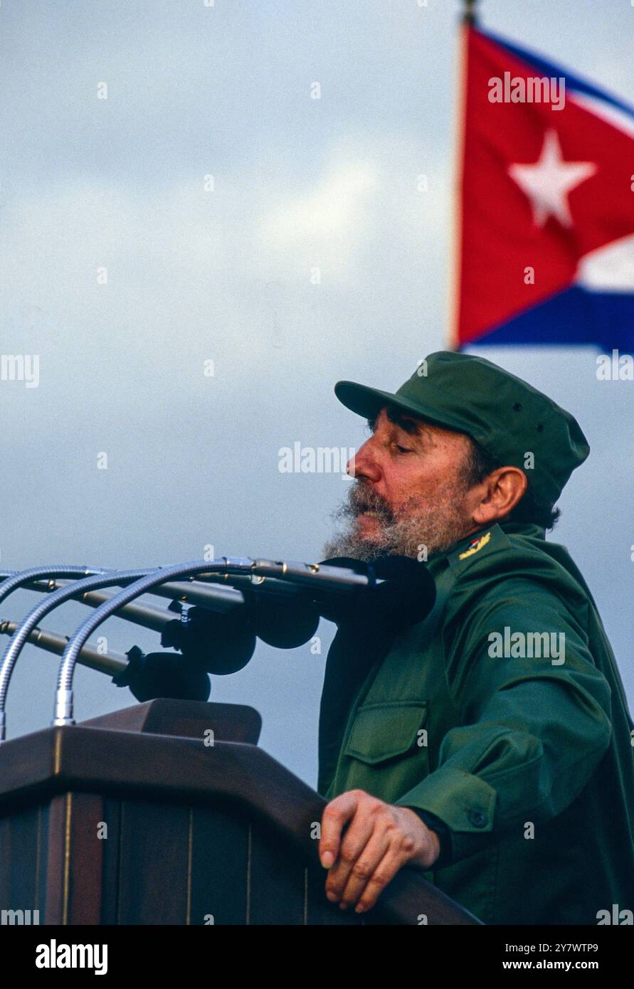 Der späte kubanische Führer Fidel Castro sprach auf einer Kundgebung, Havanna, Kuba, 1988 Stockfoto