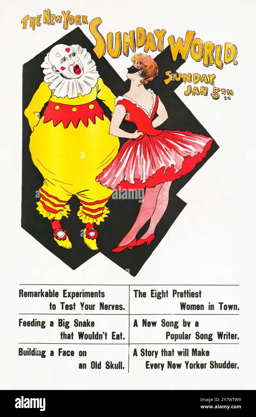 Der New York Sunday World Sonntag, 5. Januar. 1896: Clown spricht mit einer Frau, die ein rotes Kleid und eine schwarze Maske trägt Stockfoto