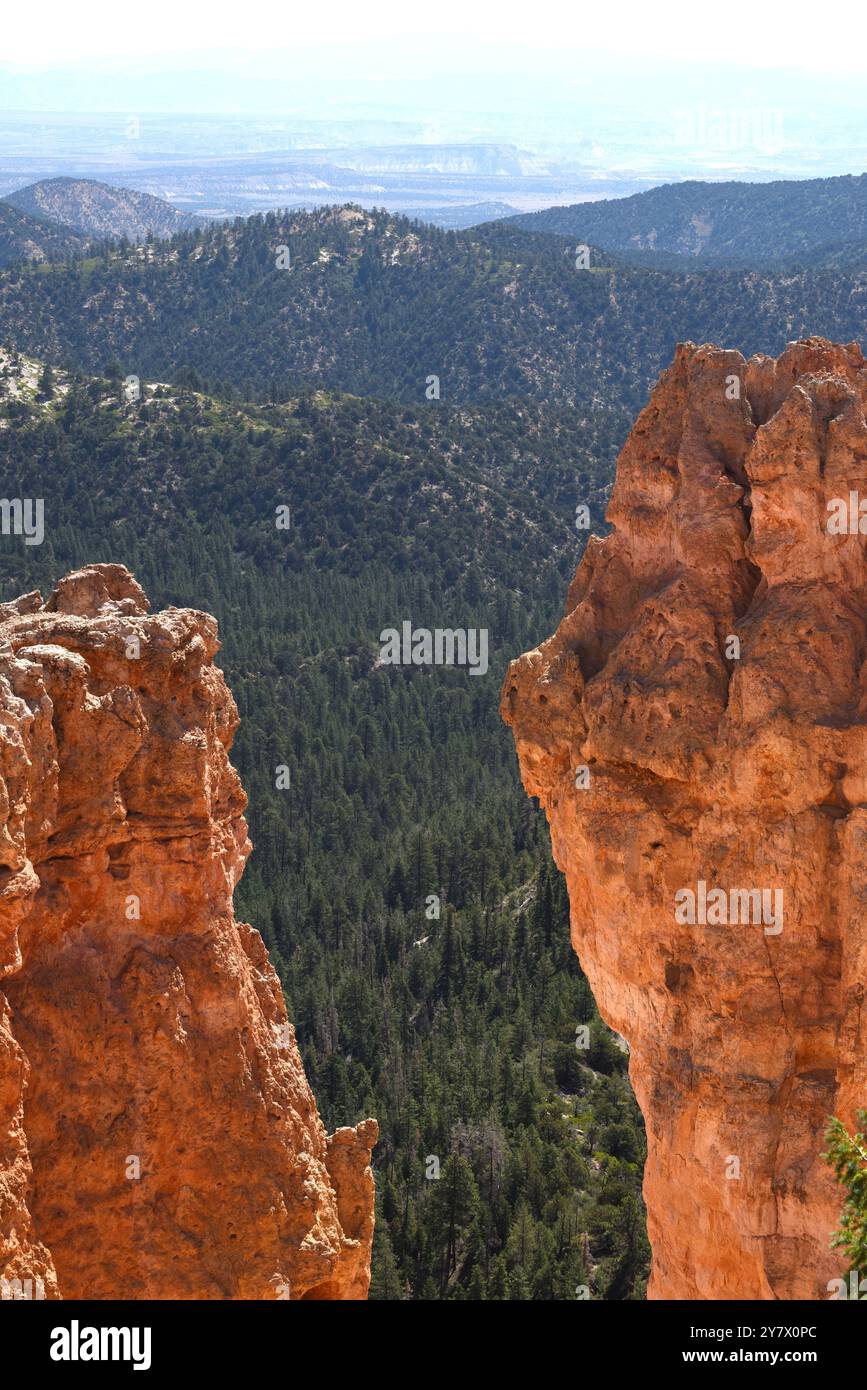 Hoodoos, andere geologische Besonderheiten und eine atemberaubende Aussicht vom Natural Bridge Arch Overlook, Bryce Canyon National Park, Utah. Stockfoto