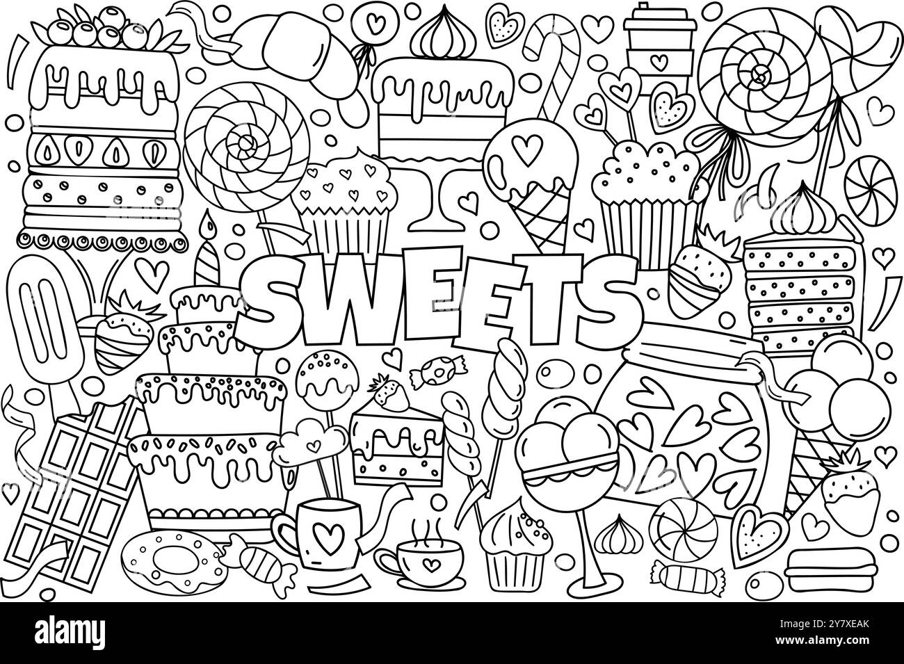 Das handgezeichnete Vektor-Doodle-Set verfügt über Ein stressreduzierendes Farbseitenmotiv mit Süßigkeiten, darunter eine Auswahl an Kuchen, Süßigkeiten, Cupcakes, Eis und mehr. Ein süßes Malbuch Stock Vektor