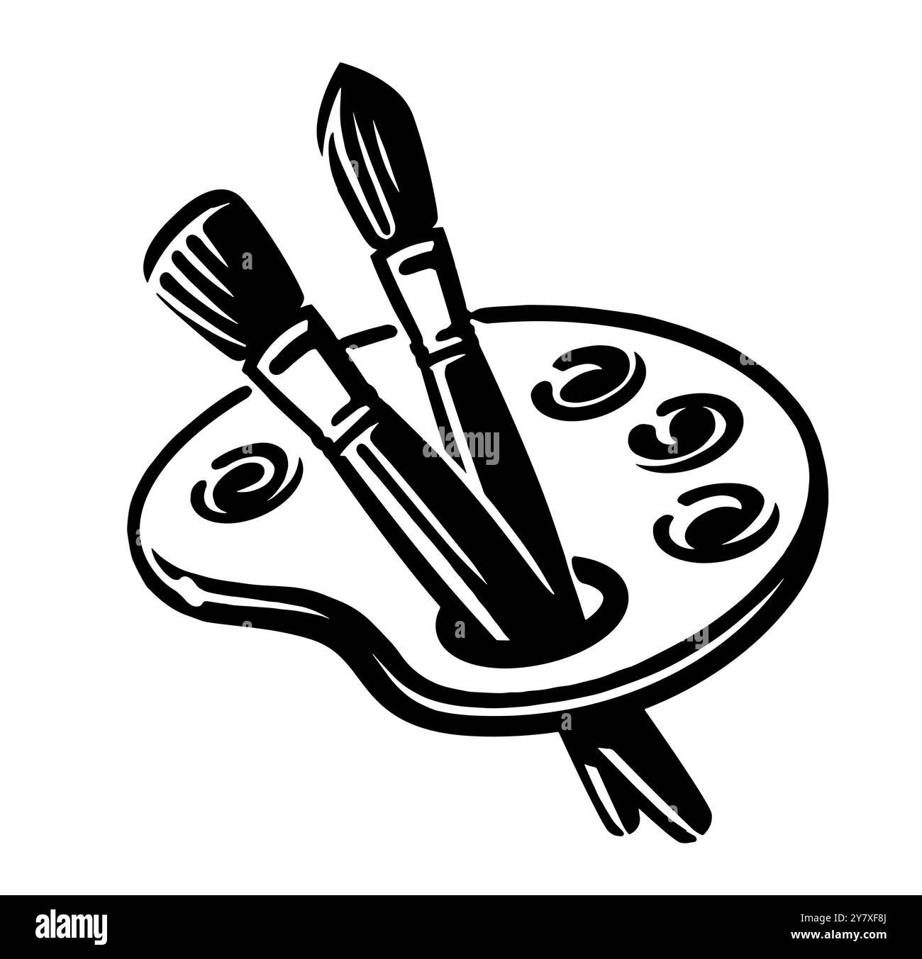 Künstlerische Palette mit Pinseln und Farben. Schulkunst Emblem oder Symbol. Handgezeichnete Vektorgrafik Stock Vektor