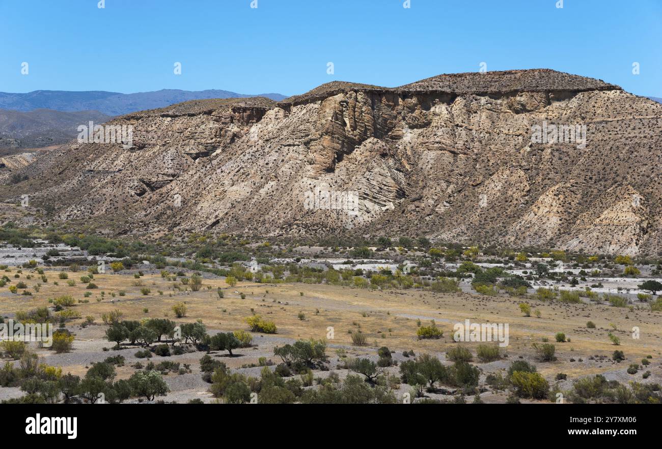 Felsige Berglandschaft mit verstreuter Wüstenvegetation und einem klaren blauen Himmel, Llano de Buho, Tabernas Wüste, Desierto de Tabernas, Standort von Nume Stockfoto