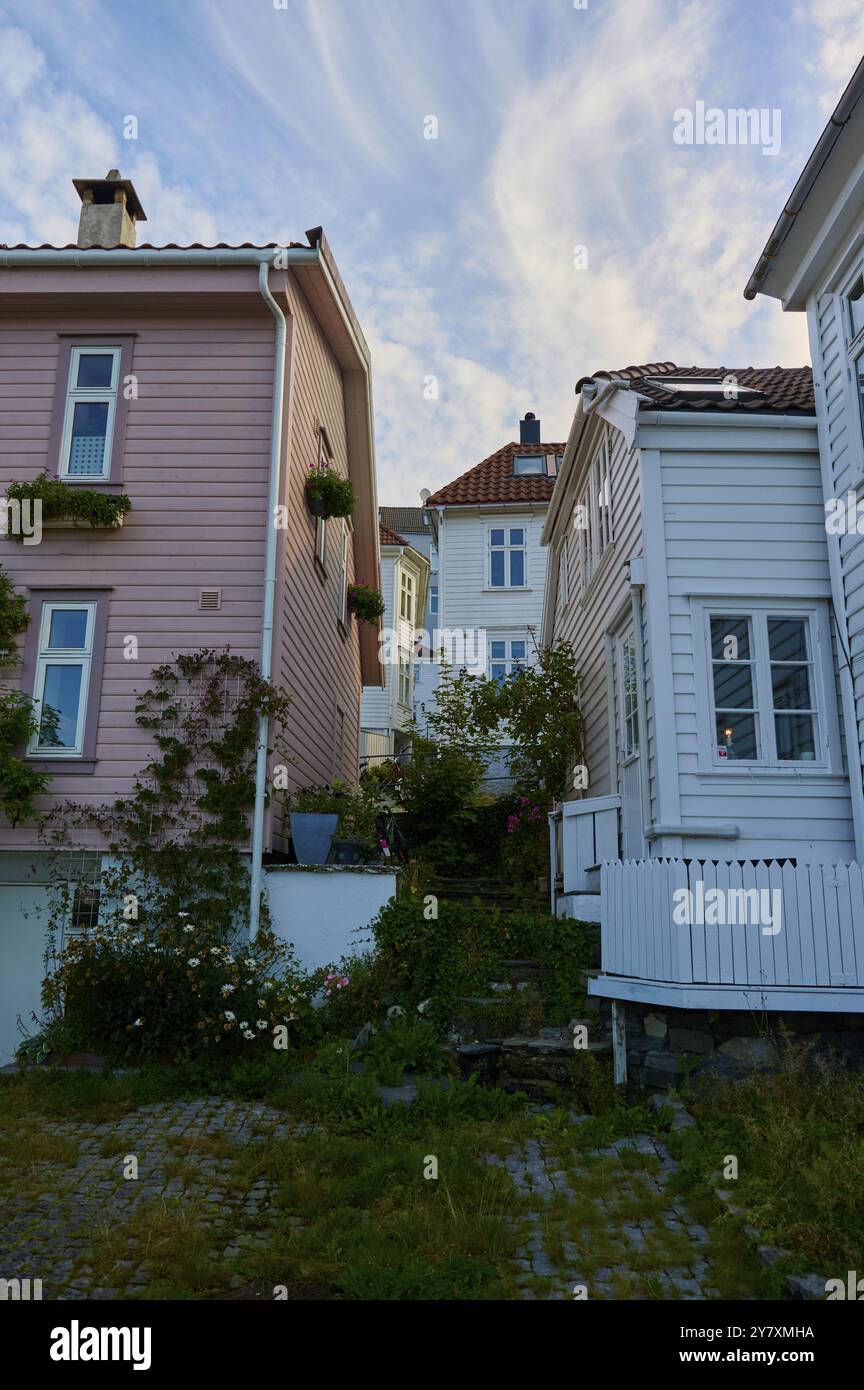 Eine ruhige Kopfsteinpflasterstraße in Bergens Altstadt, mit traditionellen Häusern und sonnigem Sommerwetter, Bergen, Vestland, Norwegen, Europa Stockfoto