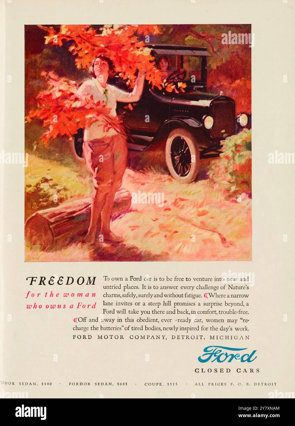 Oldtimer-Werbespot von Ford für geschlossene Autos, die Frauen in den 1920ern anvisiert Werbung im Vintage American Magazine. 1924 Stockfoto