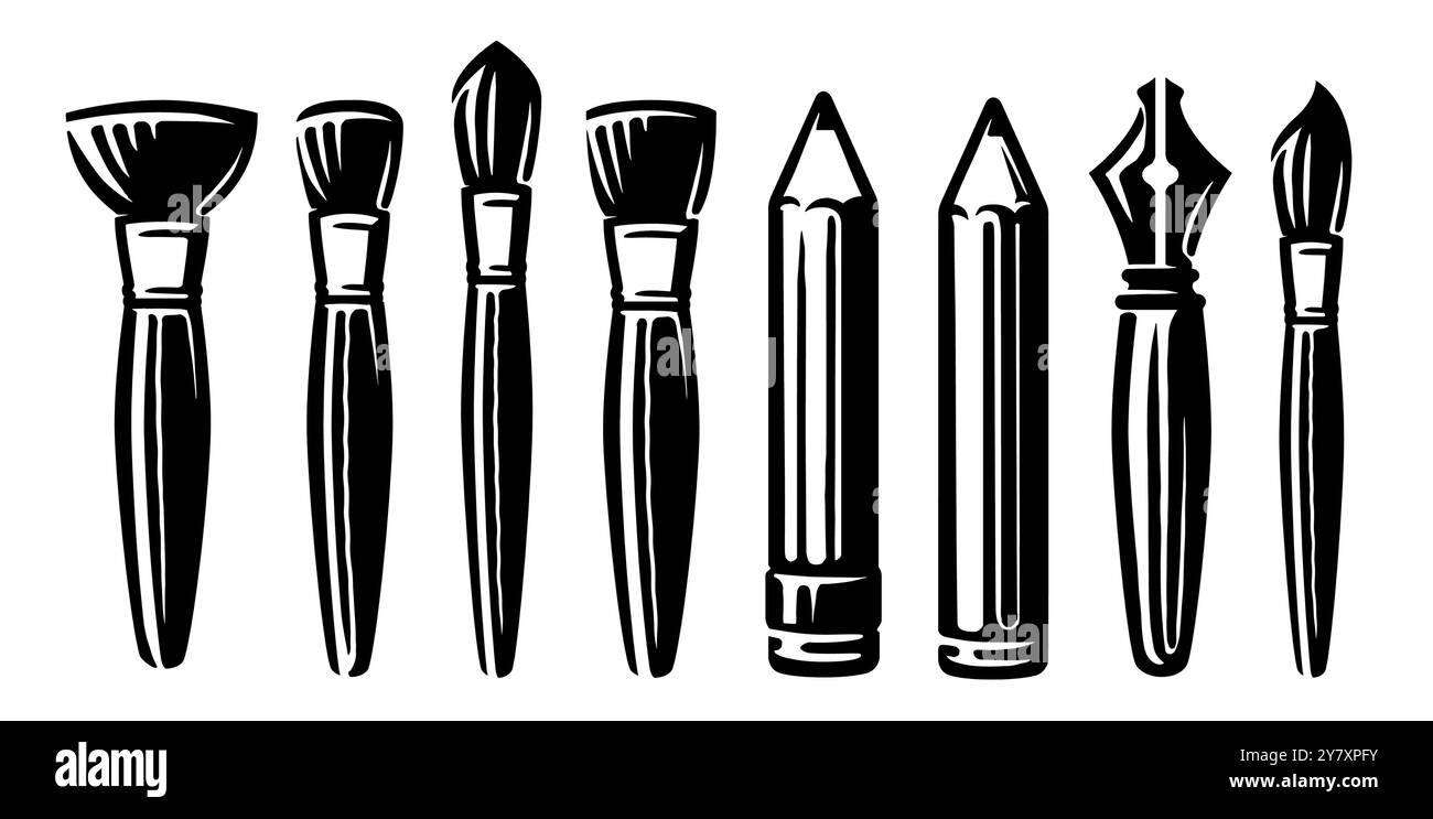 Symbol für Pinsel, Bleistift und Füllfederhalter. Schreibwaren, Fächer für die Ausbildung. Schwarzweiß-Vektorzeichnung Stock Vektor