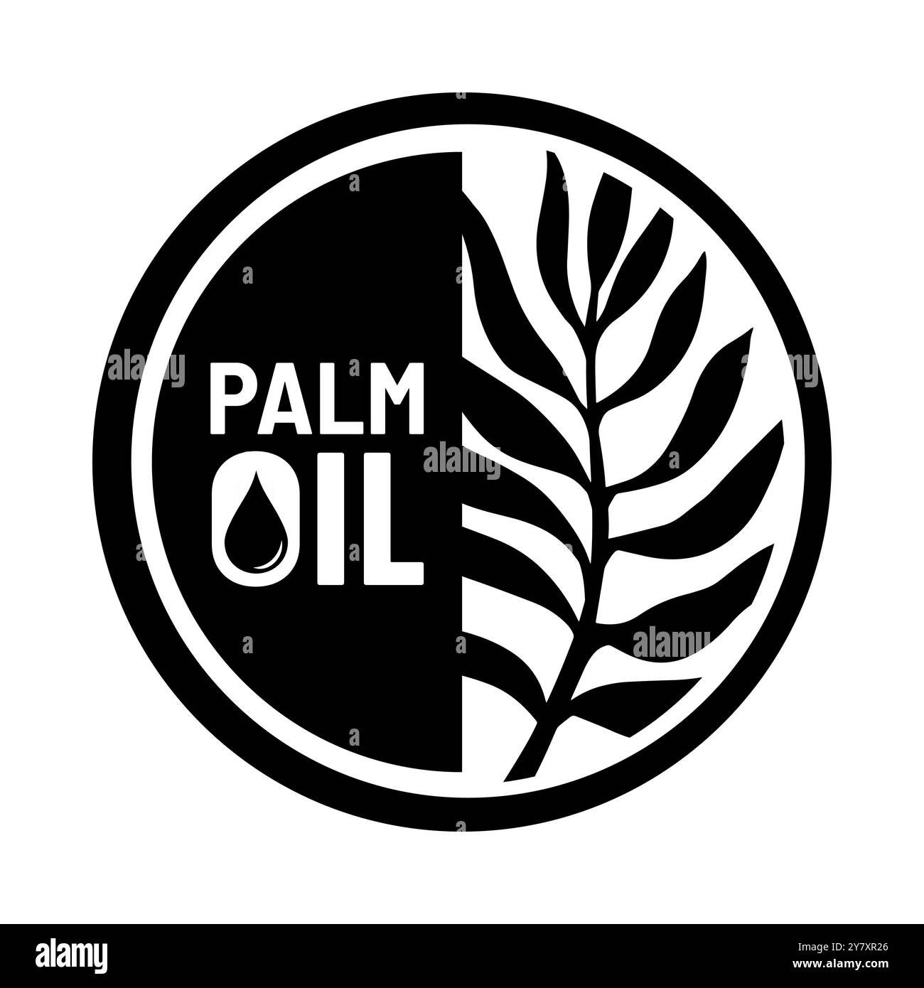 Palmöl-frei-Etikettenkonzept. Silhouette eines tropischen Palmblattes und Tropfen Öl, das es produziert. Palmöl-freies Etikett. Vektorzeichen für Verpackungsdesign. Stock Vektor