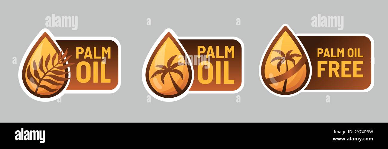 Palmöl-frei-Etikettenkonzept. Silhouette eines tropischen Palmblattes und Tropfen Öl, das es produziert. Palmöl-freies Etikett. Vektorzeichen für Verpackungsdesign. Stock Vektor