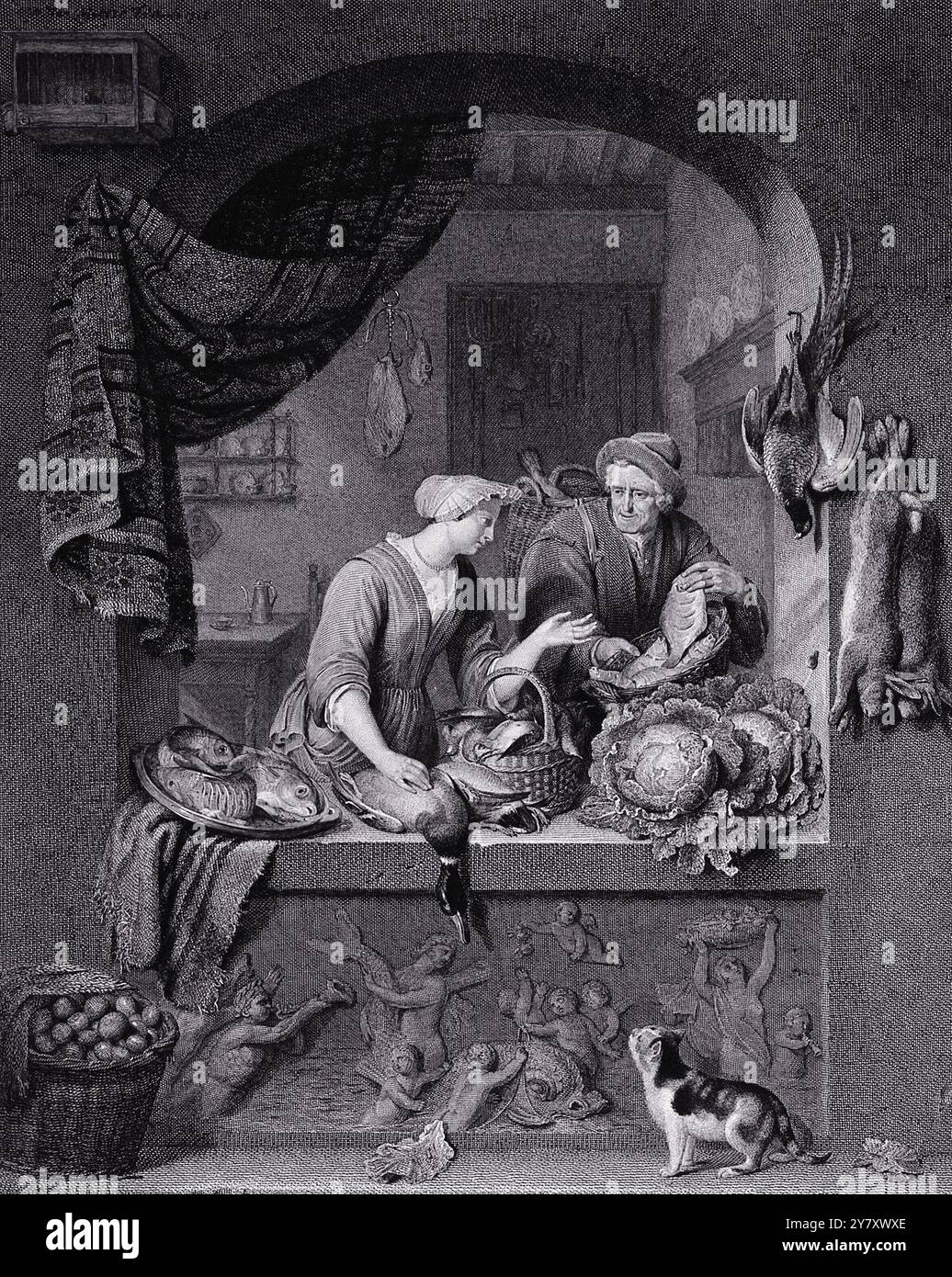 Ein Mann kommt in einen Laden, um einen Fisch an eine Frau zu verkaufen, die Geflügel, Fisch und Gemüse verkauft, beobachtet von einer Katze. Stich aus dem 19. Jahrhundert von J. Burnet nach W. Mieris. Stockfoto