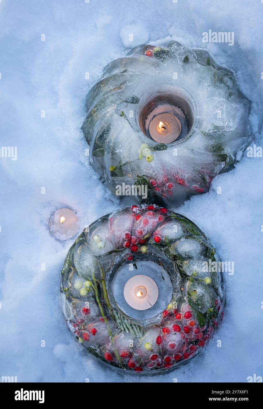 Weihnachtsdekoration mit Eisring in Kuchenformen, gefüllt mit stechpalme, Mistel, Kegel und Nadeln im Schnee Stockfoto