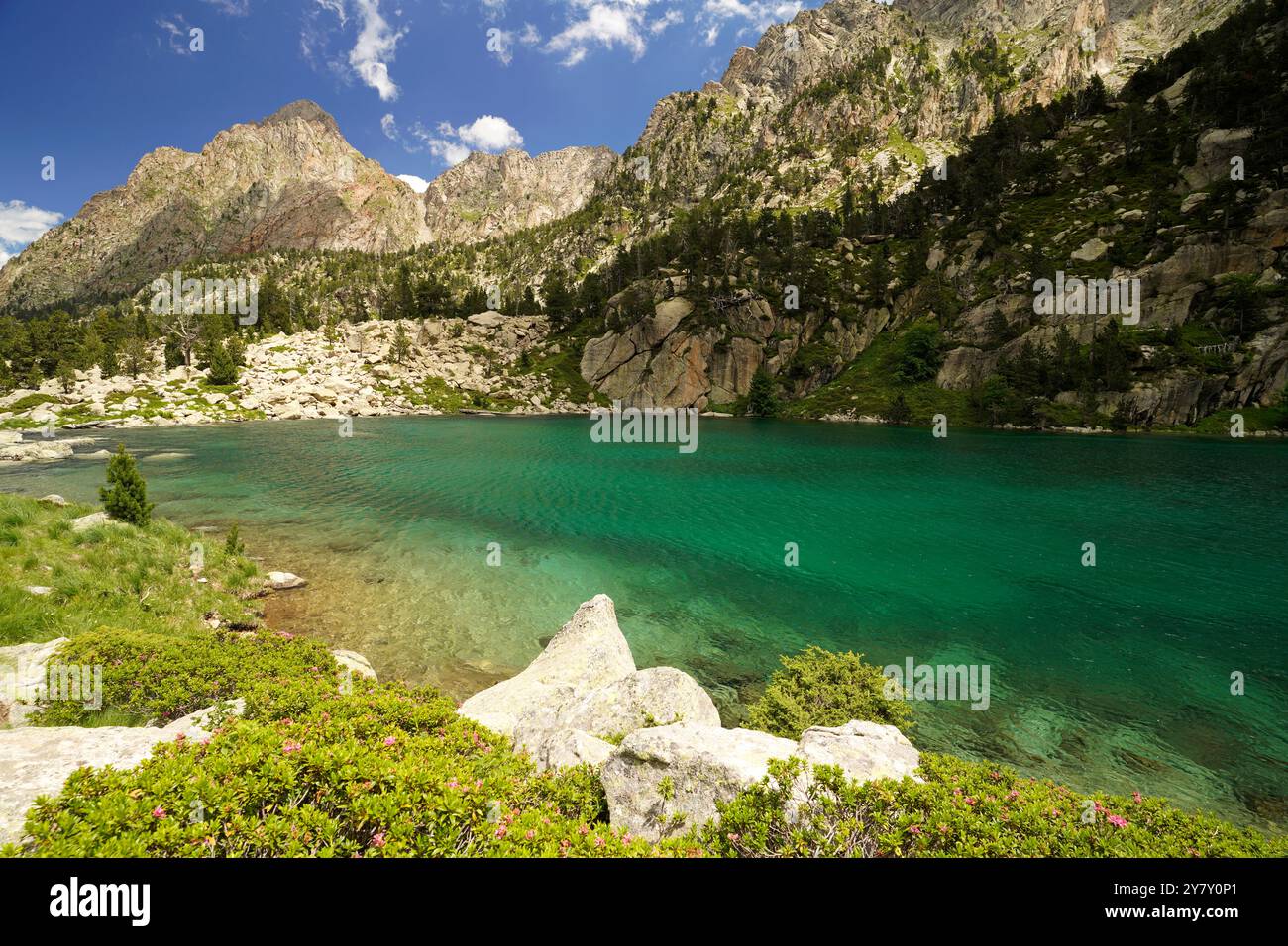 Der Estany de Monestero See im Nationalpark Aigüestortes i Estany de Sant Maurici, Katalonien, Spanien, Europa Stockfoto