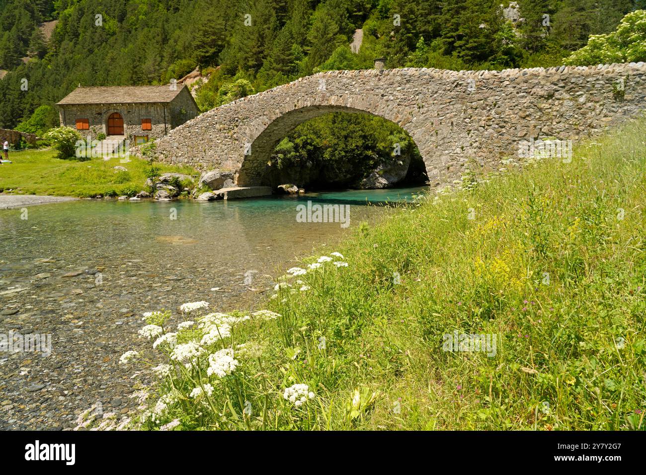 Die romanische Brücke Puente Románico de San Nicolás de Bujaruelo über den Fluss Ara im Bujaruelo-Tal oder Valle de Bujaruelo und die Kirche Igle Stockfoto