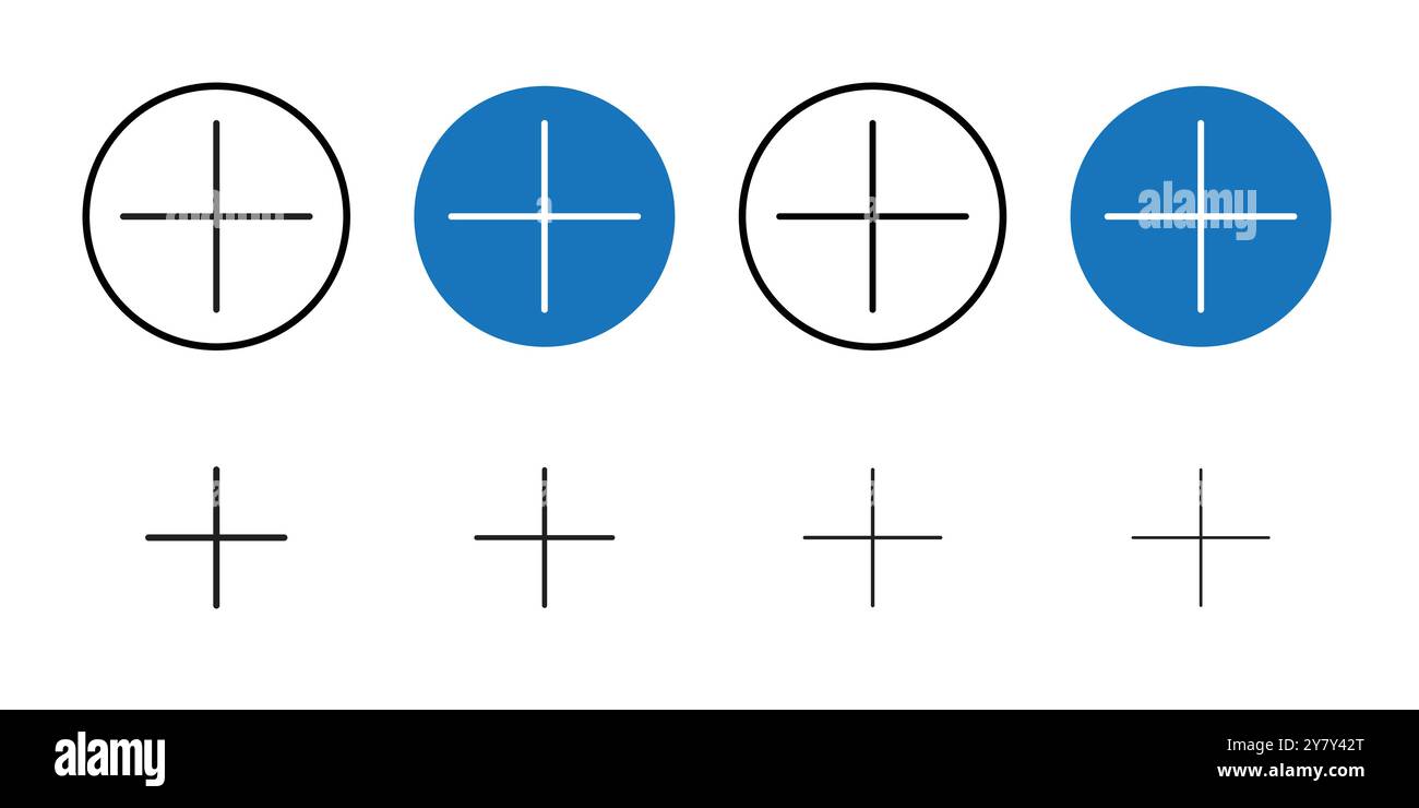 Plus Icon Black Line Art Vektor in schwarz-weiß Umrissset Collection Schild Stock Vektor