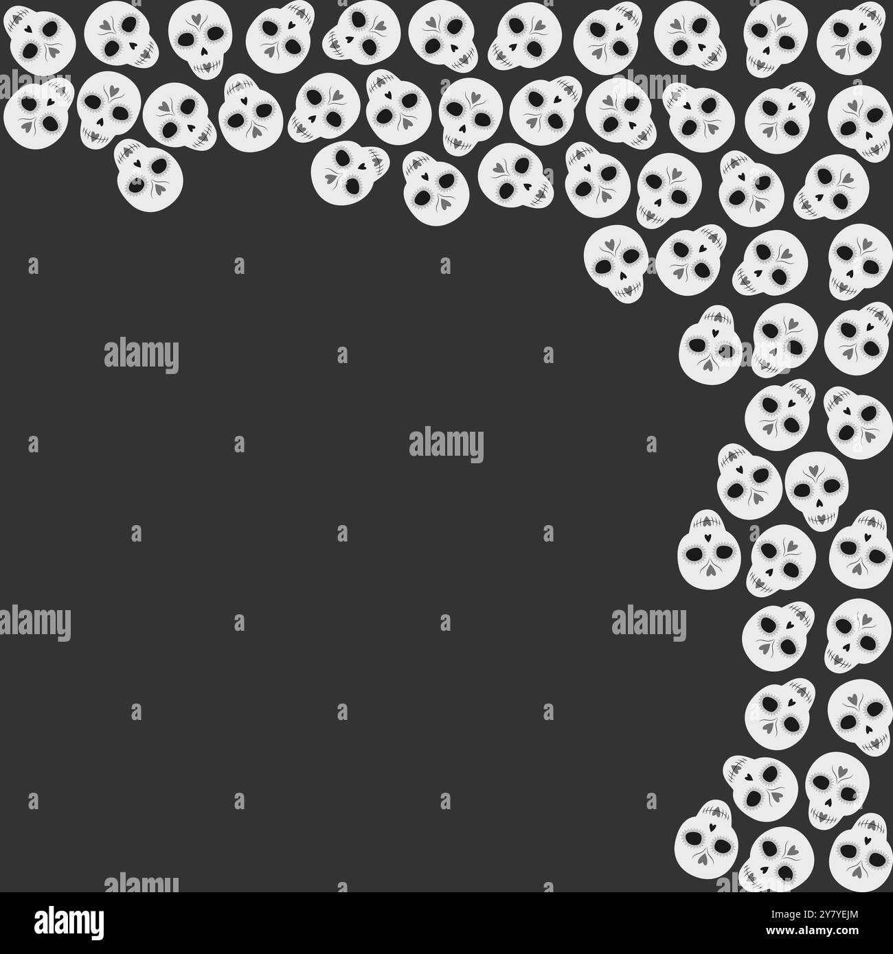 Gemalte Schädel in Graustufen Rahmenrand obere Ecke Kopierraum. Tag der Toten Gruß-Design-Idee. Vektorillustration Halloween oder thematische Karten, Gruß, Poster, Banner, soziale Medien, Web-Werbeaktion Stock Vektor