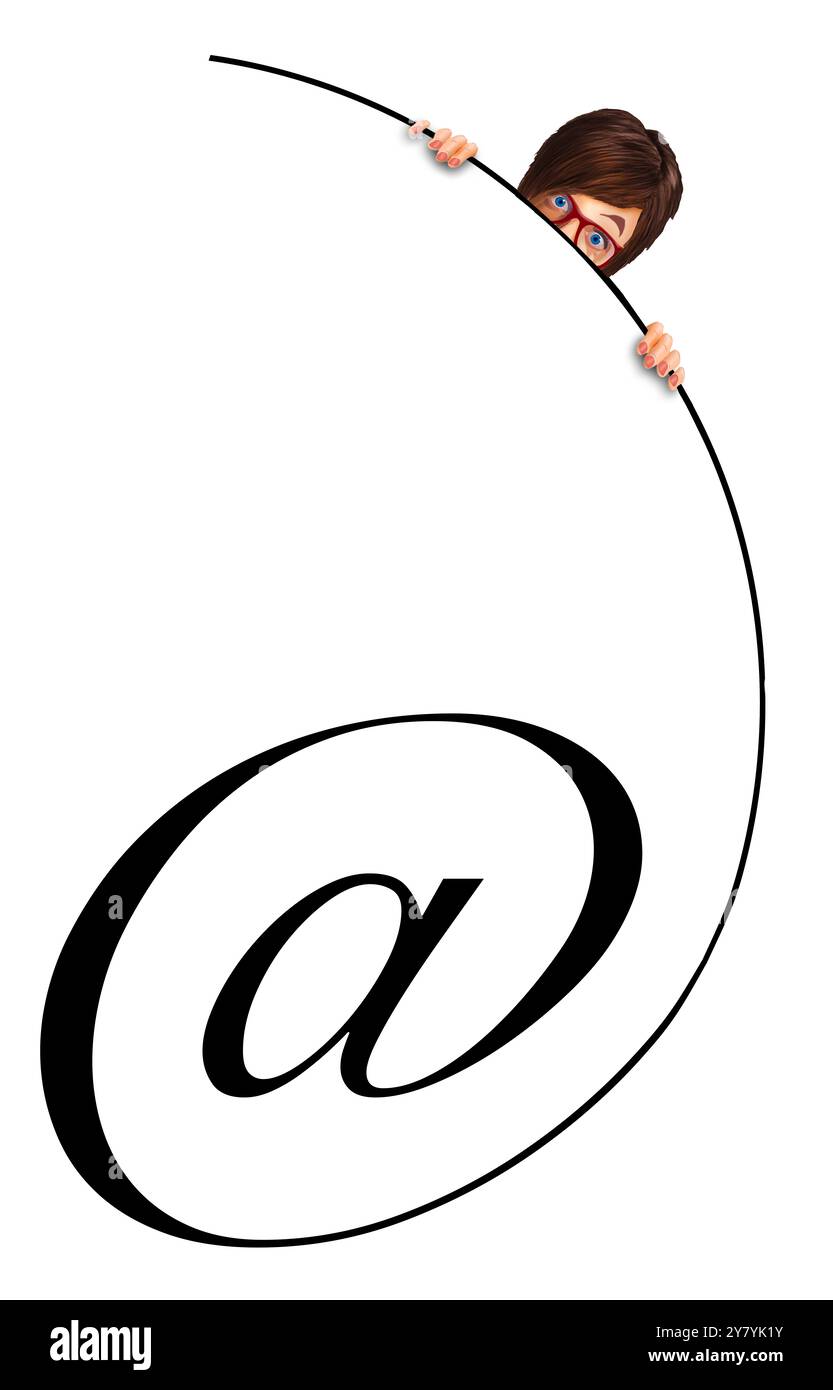 Eine junge Frau versteckt sich hinter dem @-Symbol in einer 3D-Illustration über die Suche nach einer Person im Internet oder E-Mail-Adressen, die nicht mehr persönlich sind. Stockfoto