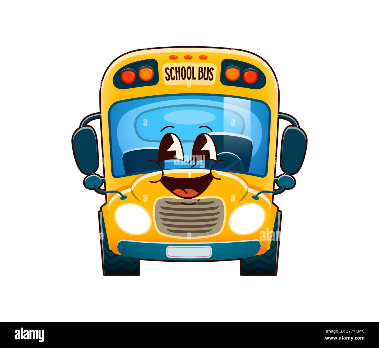 Grooviger Schulbus-Charakter. Isolierter Karikaturvektor gelber Schulbus mit glücklichem Gesicht und verspieltem Ausdruck. Fröhliches, lustiges und freundliches Fahrzeug repräsentiert Transport- und Bildungsaktivitäten für Kinder Stock Vektor