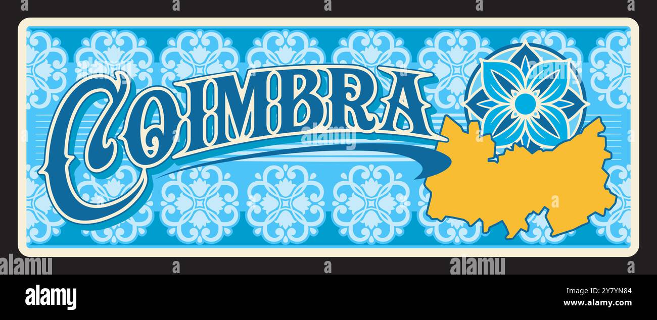 Stadt und Gemeinde Coimbra in Portugal. Vektor-Reiseplatte, Vintage-Schild, Retro-Postkartendesign. Alte Gedenktafel mit Stadtplan oder Landkarte und Blumenschmuck, Souvenirkarte oder Magnet Stock Vektor