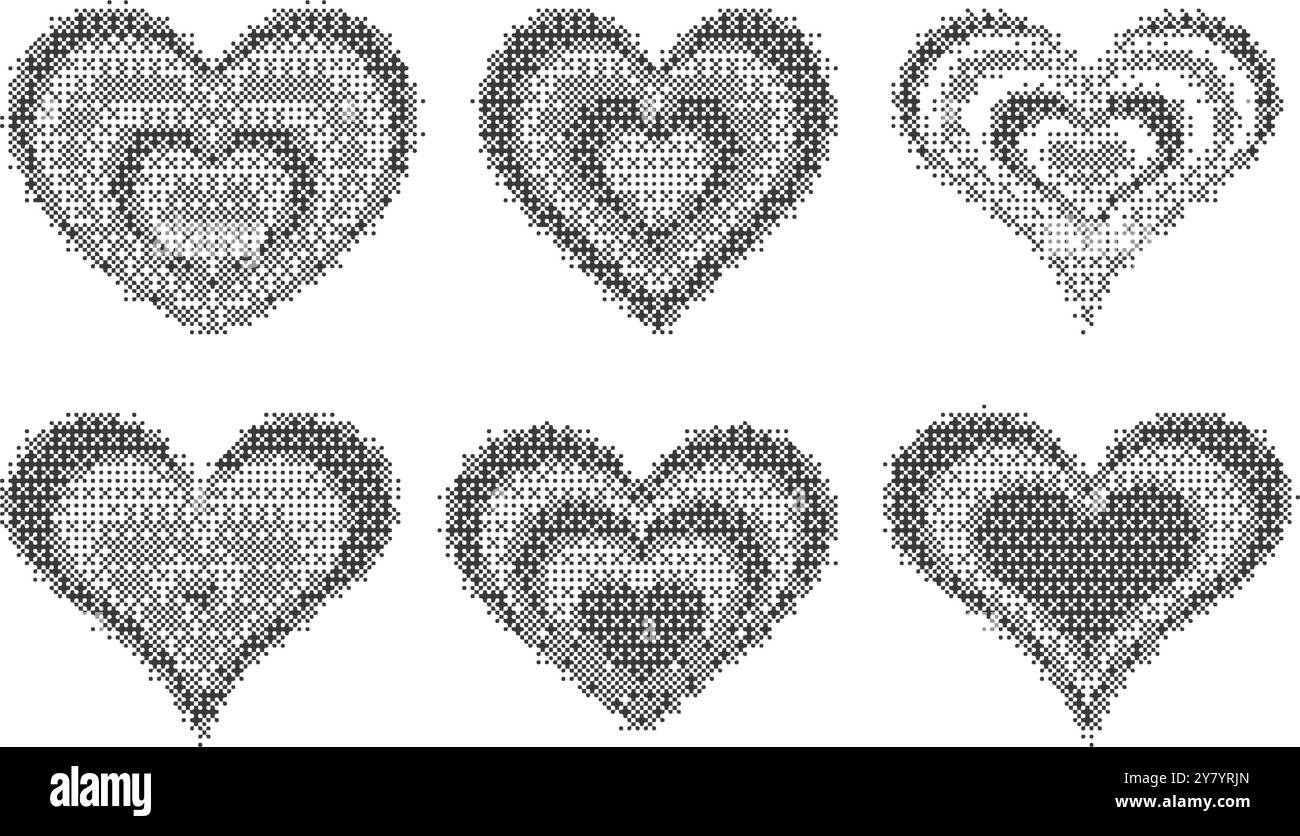 Pixelmuster Herzen. Bitmap gepunktete Textur Symbole der Liebe. Vektor-Retro-Designelemente mit Farbabstufung. Y2K Körnige Ziffern Halbtonformen Stock Vektor