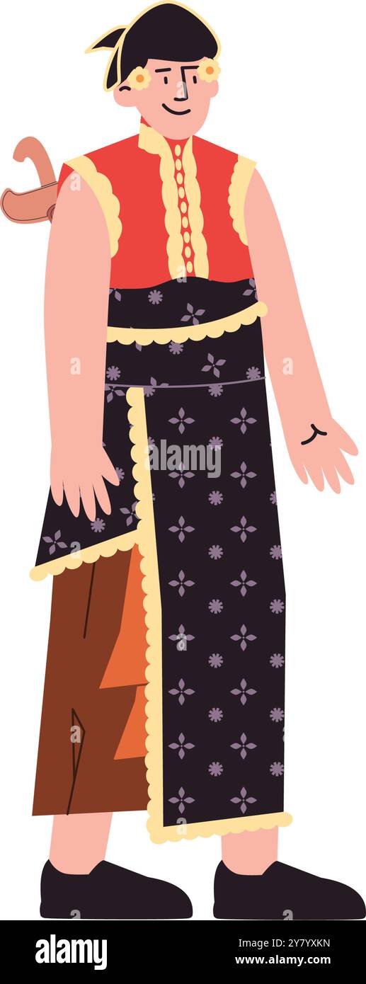 Indonesien traditionelle Kleidung javanesische balinesische Madurese ethnische kulturelle Kleidung Erbe Design Ikone Charakter Stock Vektor