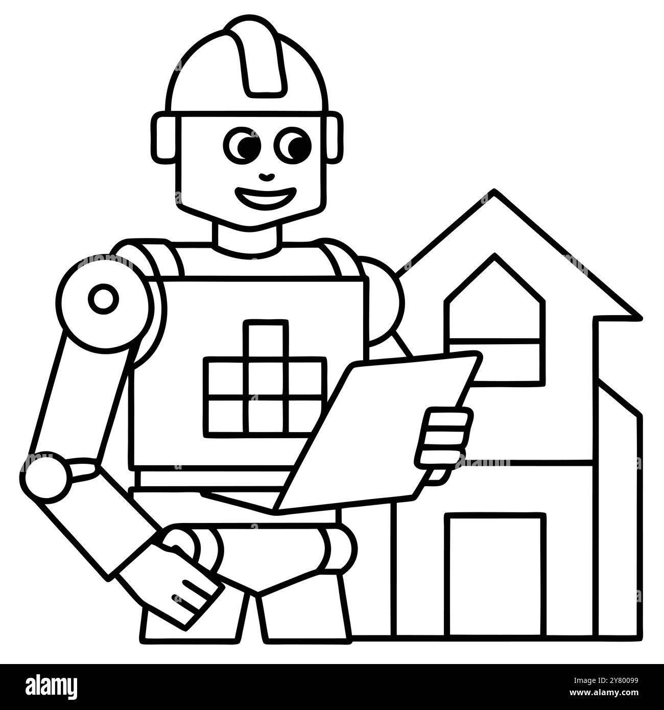 Ein freundlicher Roboter mit Schutzhelm hält Blaupausen. Vor einem Haus stehen. Perfekt für die Illustration der Zukunft des Bauwesens und der Heimautom Stock Vektor