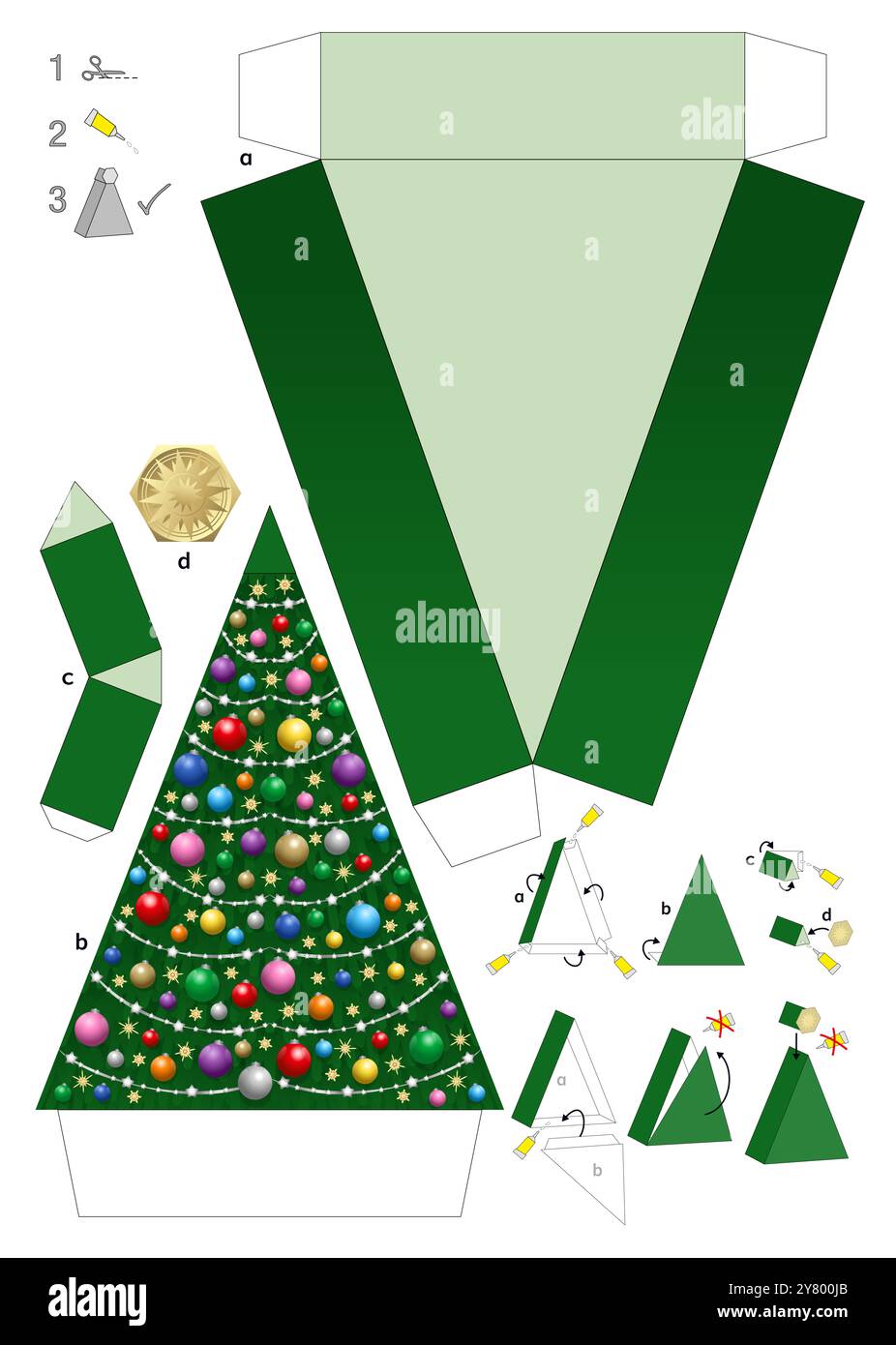 Vorlage für ein Papiermodell einer Weihnachtsbaumbox. Druckbares Blatt für die Herstellung einer Weihnachtsbaumbox, die Sie mit einem aufsteckbaren Stern verschließen. Stockfoto