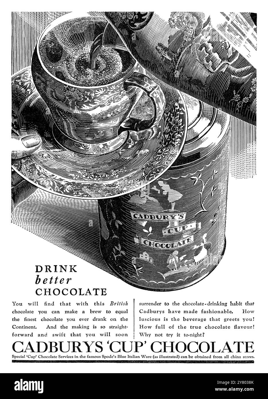 1932 britische Lebensmittelwerbung für Cadbury's „Cup“ Chocolate Cocoa. Stockfoto