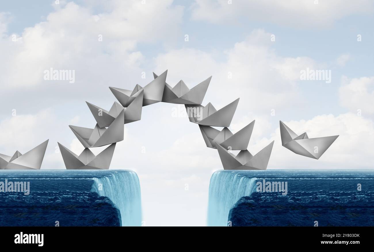 Gruppenarbeit für Erfolg als Geschäftsmetapher für Teamarbeit und clevere Zusammenarbeit oder intelligente Zusammenarbeit, die eine Brücke zur Überwindung eines schafft Stockfoto