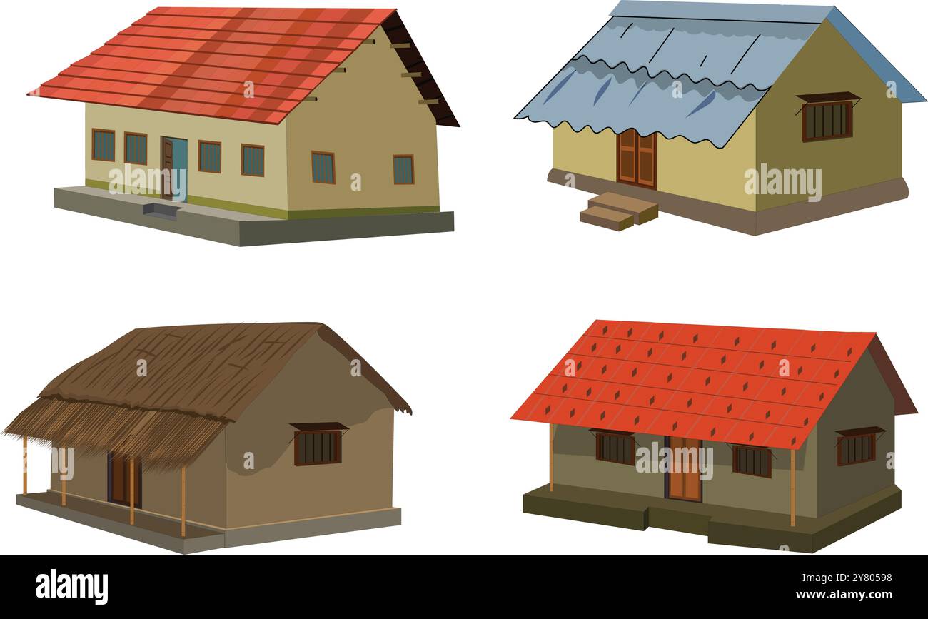 Set von asiatischen Hütten flache Stil Vektor Illustration. Ländliches Dorfhaus mit Strohdach, Hütte mit Ziegeldach, Sammlung von Haussymbolen Stock Vektor