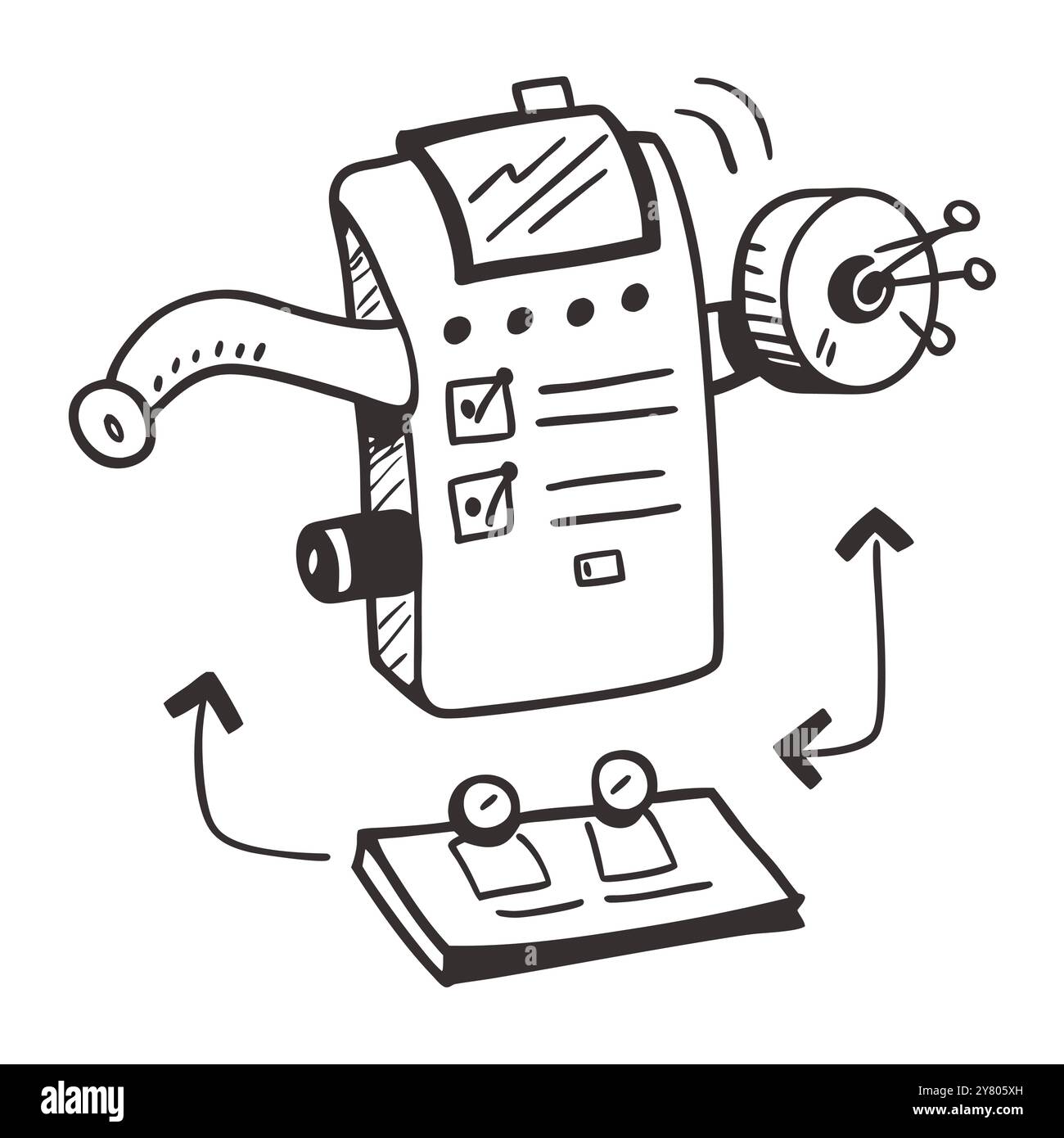 Handgezeichnete Abbildung eines schrulligen Roboters mit Bedienfeld. Einen beweglichen Arm und eine rotierende Antenne. Perfekt für die Darstellung der Automatisierung. Technologie. Stock Vektor
