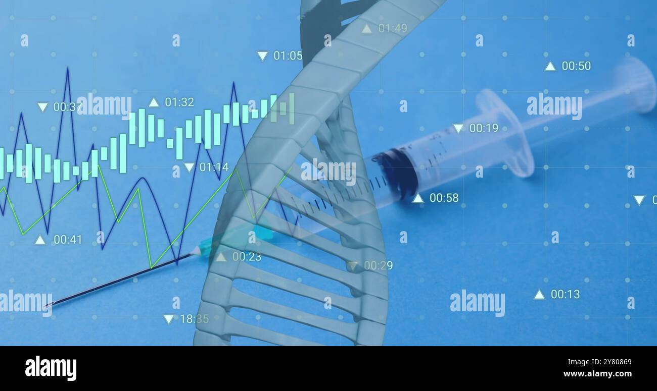 Bild des dna-Strangs und Datenverarbeitung über die Impfung Stockfoto