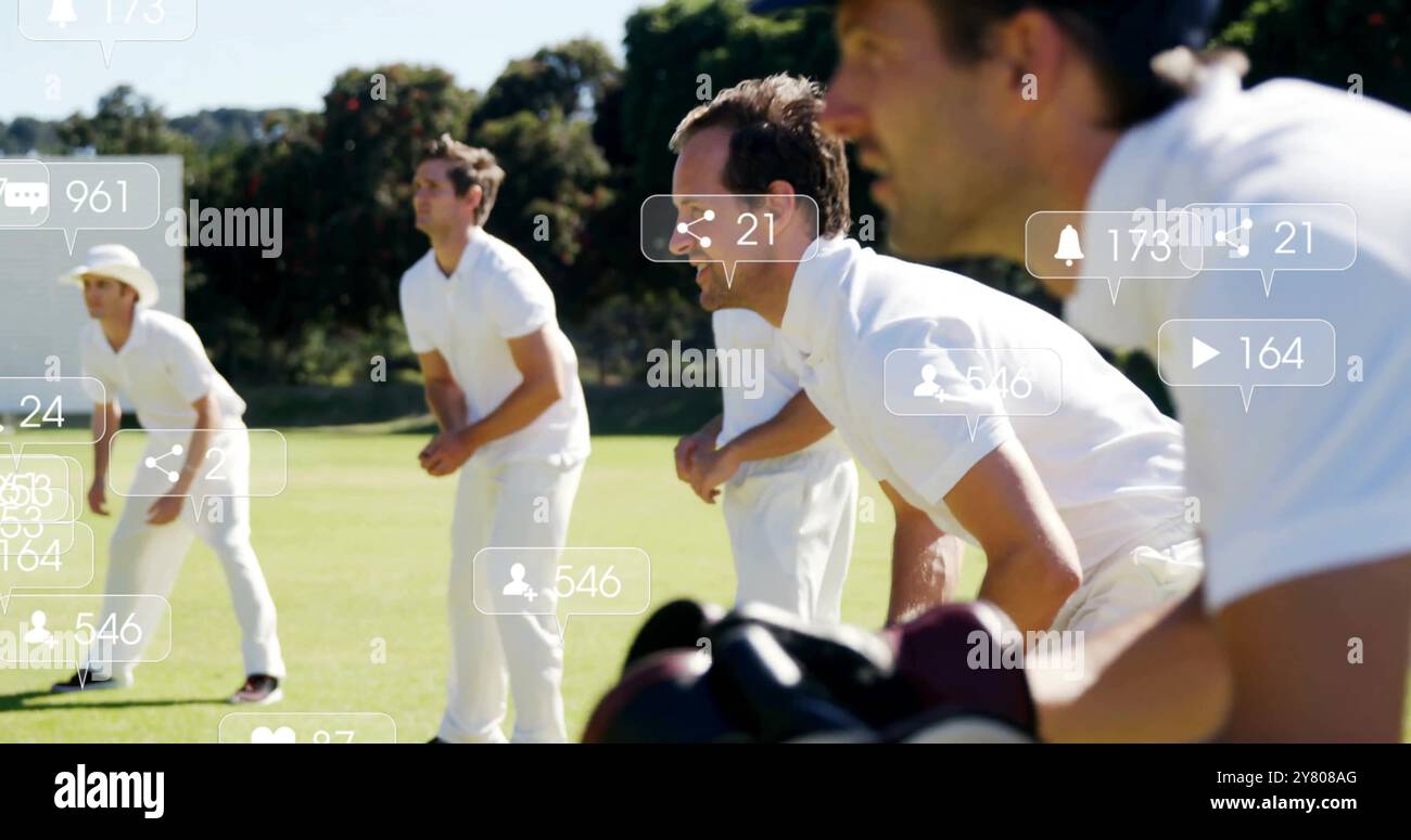 Bild von Ikonen und Datenverarbeitung über verschiedene männliche Cricketspieler Stockfoto