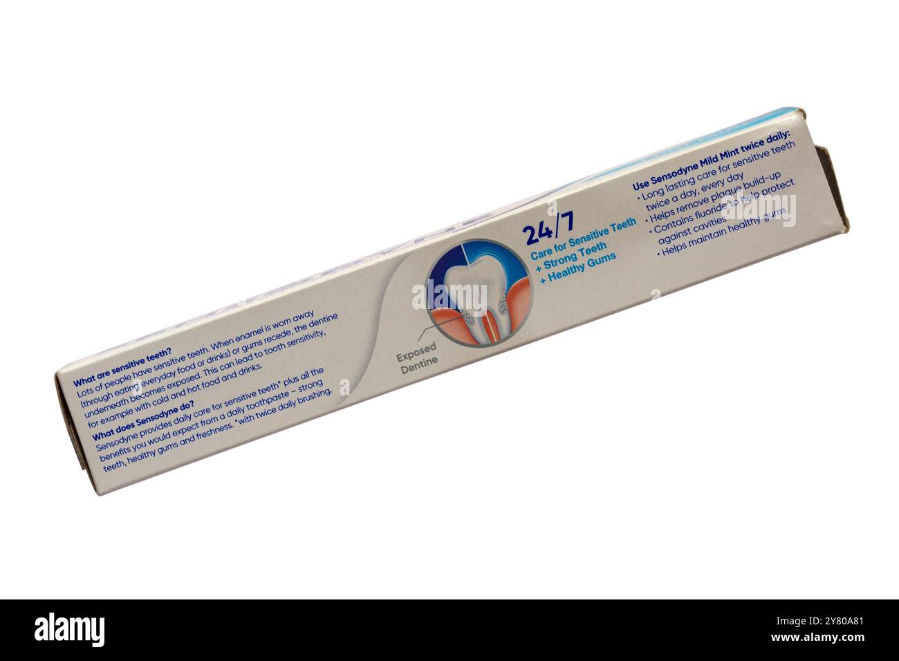 Informationen zur Packung Sensodyne Mild Mint Zahnpasta Stockfoto