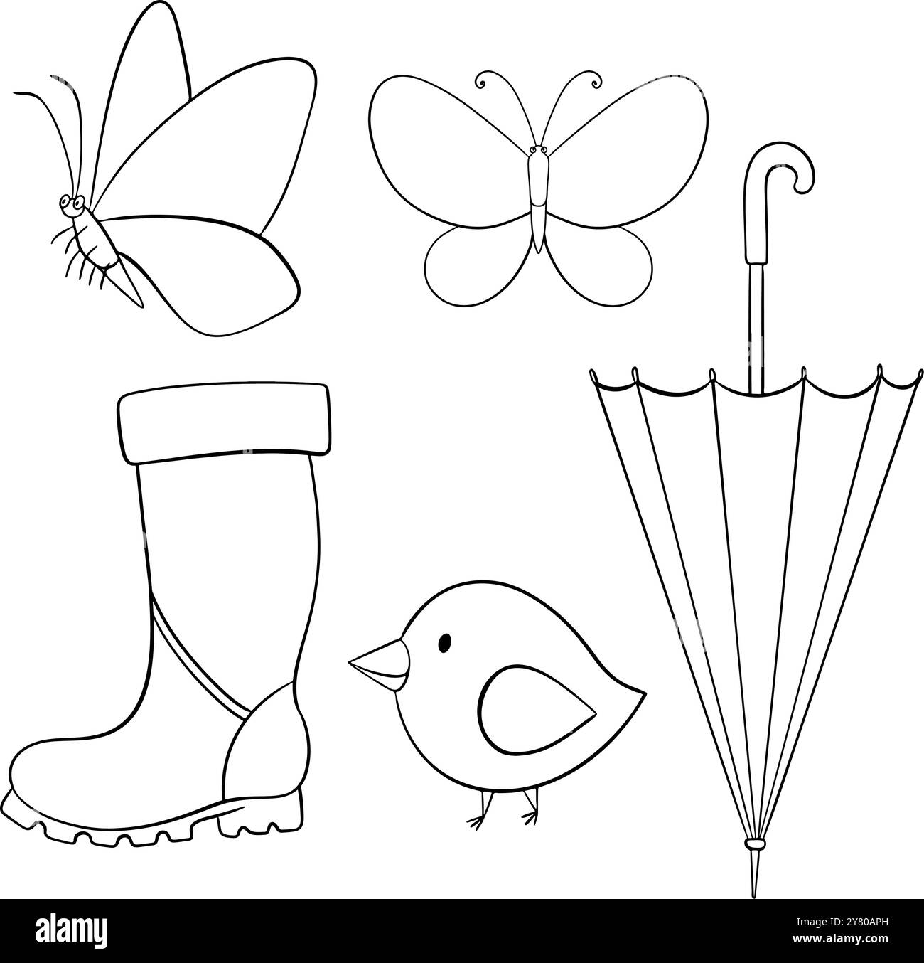 Der Frühling bringt wunderschöne Elemente wie Schmetterlinge, Stiefel, Vögel, Regenschirme und fröhliche Symbole Stock Vektor