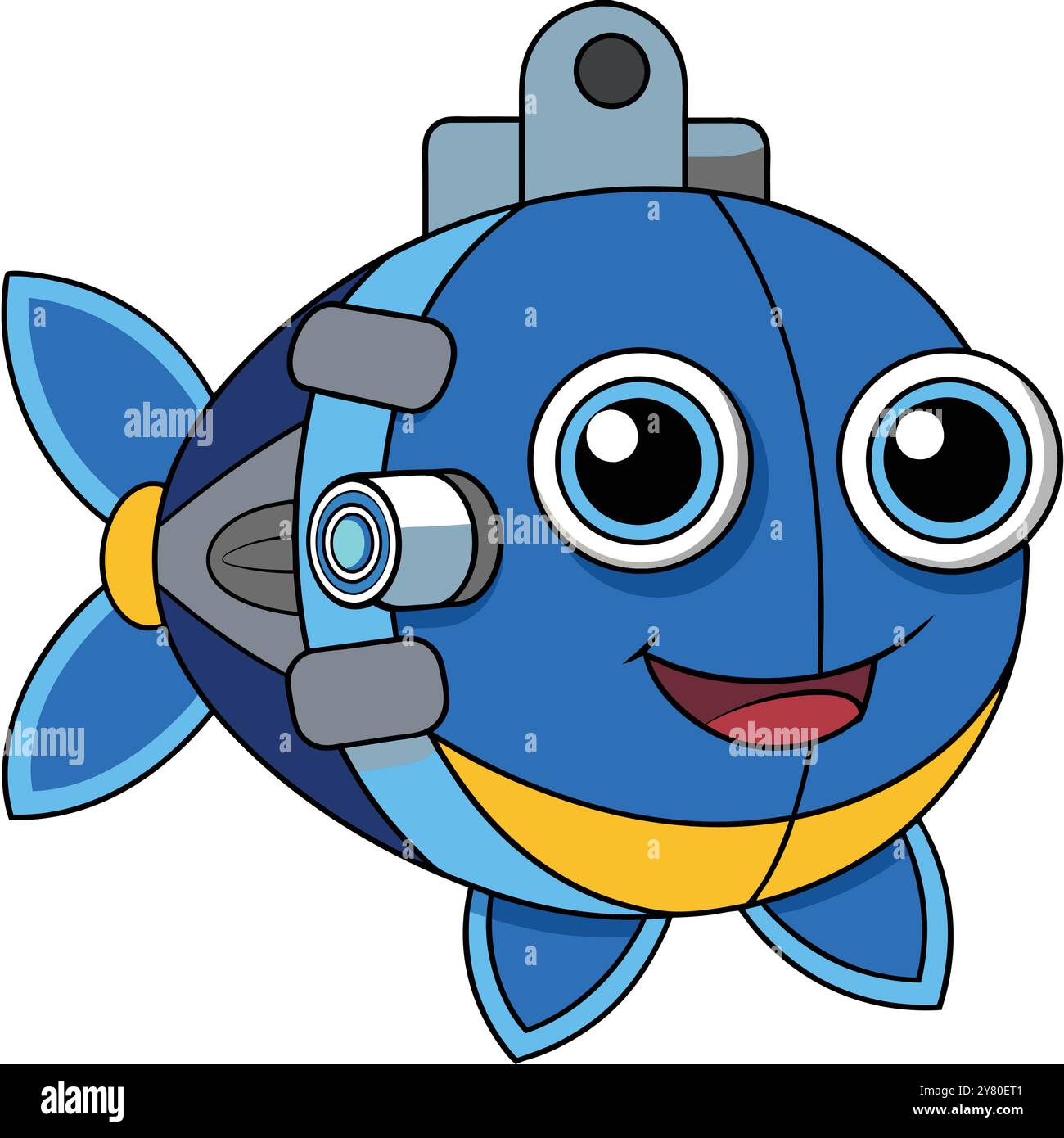 Ein fröhlicher Cartoon-Roboterfisch mit großen Augen. Ein breites Lächeln. Und eine Kamera auf der Seite. Perfekt für Kinderprodukte. Technologie-Branding. Und verspielte Illus Stock Vektor