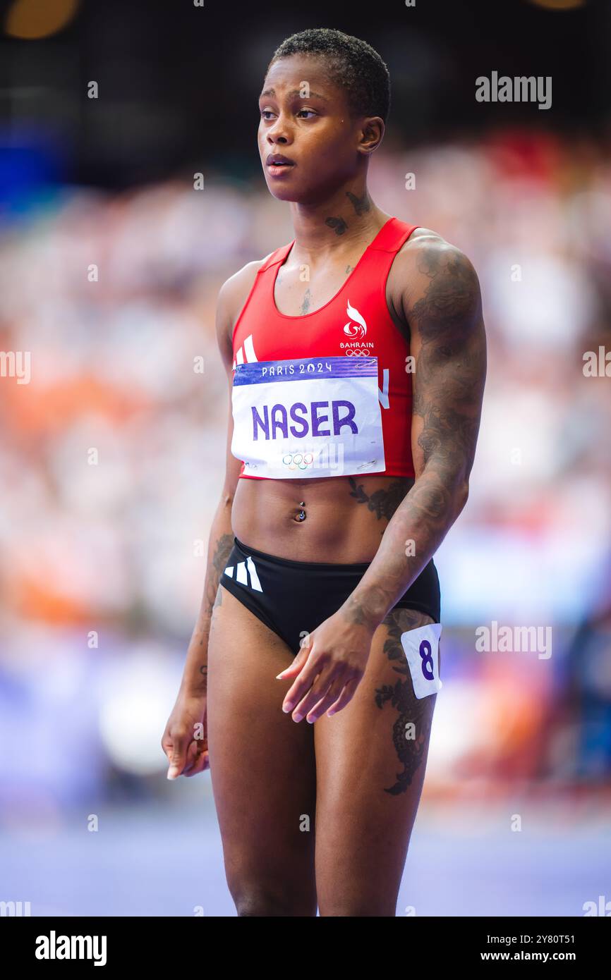 Salwa Eid Naser nahm an den 400-Meter-Strecken der Olympischen Spiele 2024 in Paris Teil. Stockfoto