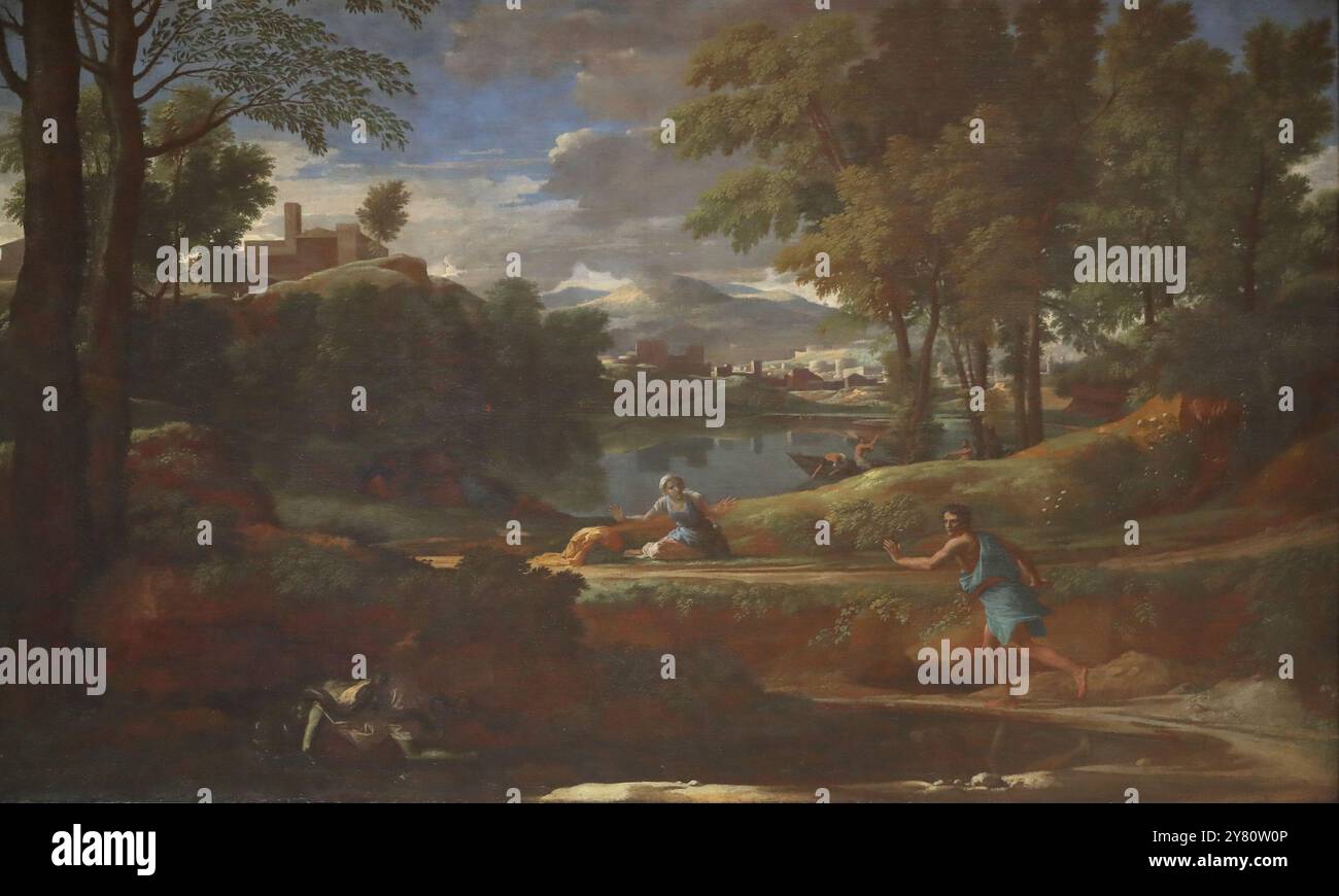 Landschaft mit einem Mann, der von einer Schlange getötet wurde, des französischen Barockmalers Nicolas Poussin in der National Gallery, London, Großbritannien Stockfoto