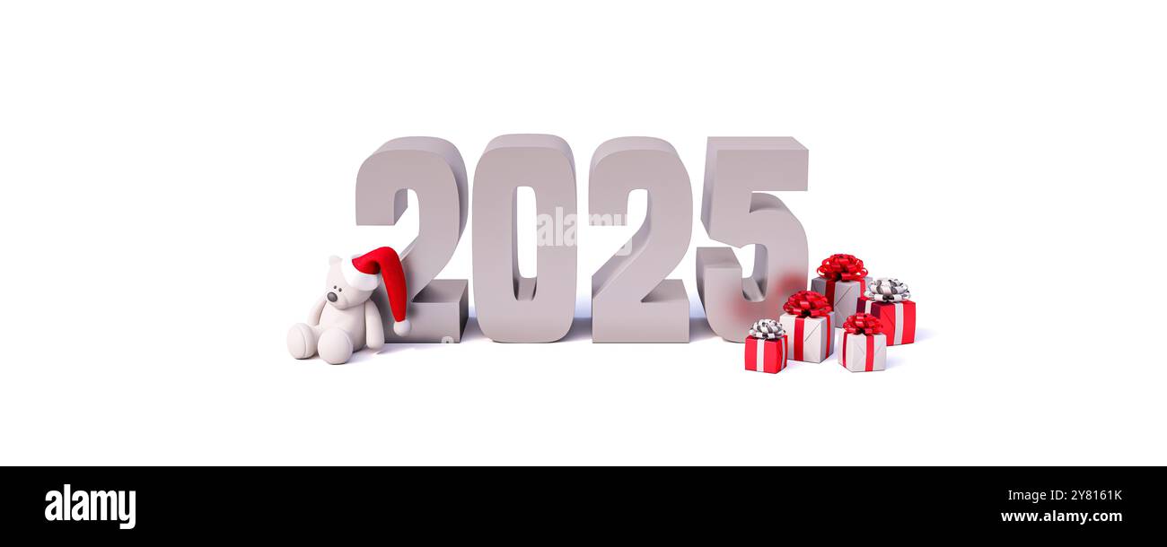 Happy New Year 2025 auf weißem Hintergrund 3D-Rendering 3D-Illustration Stockfoto