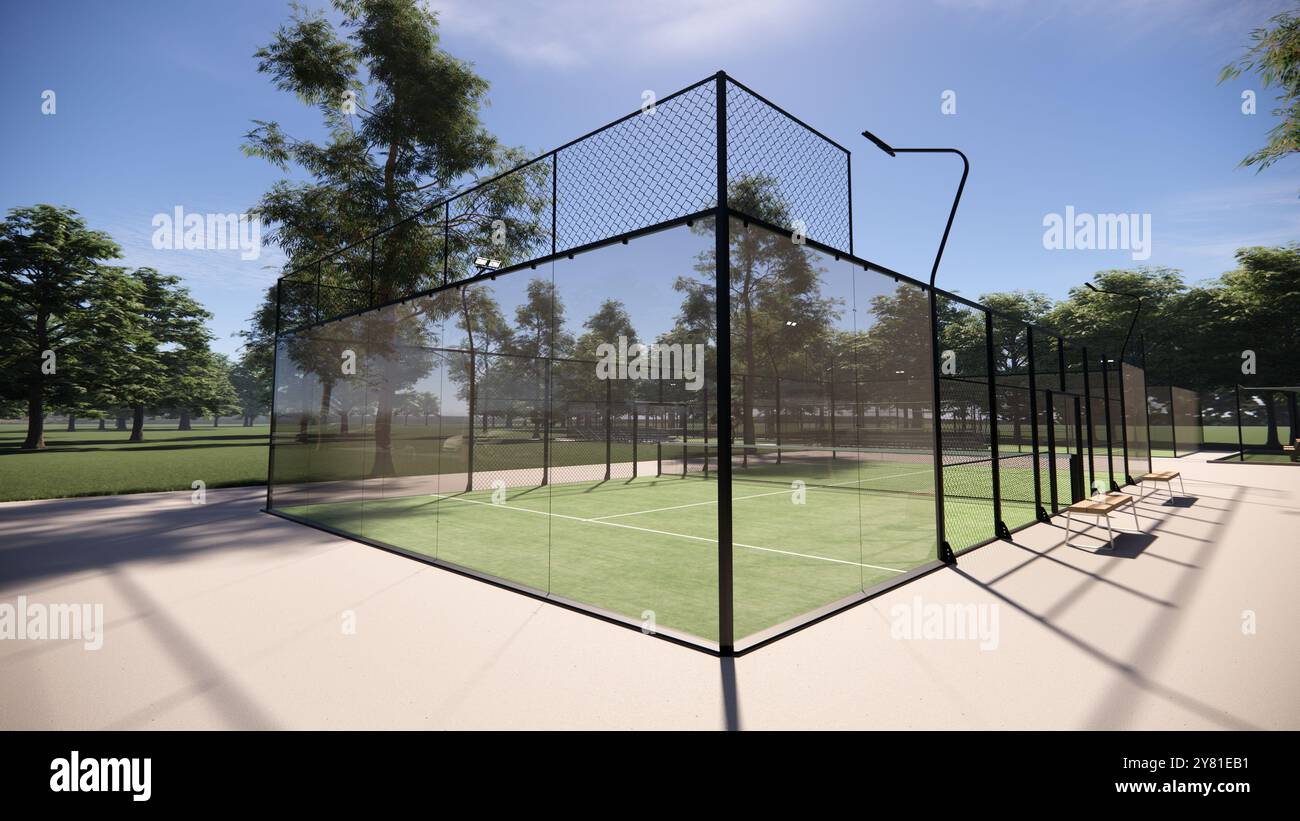 Eckblick auf einen grünen Padel-Paddle-Tennisplatz Stockfoto