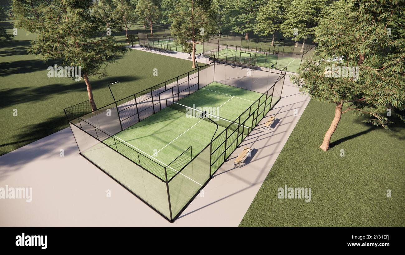 Blick aus der Vogelperspektive auf Padel-Plätze, Tennis bei Tageslicht Stockfoto