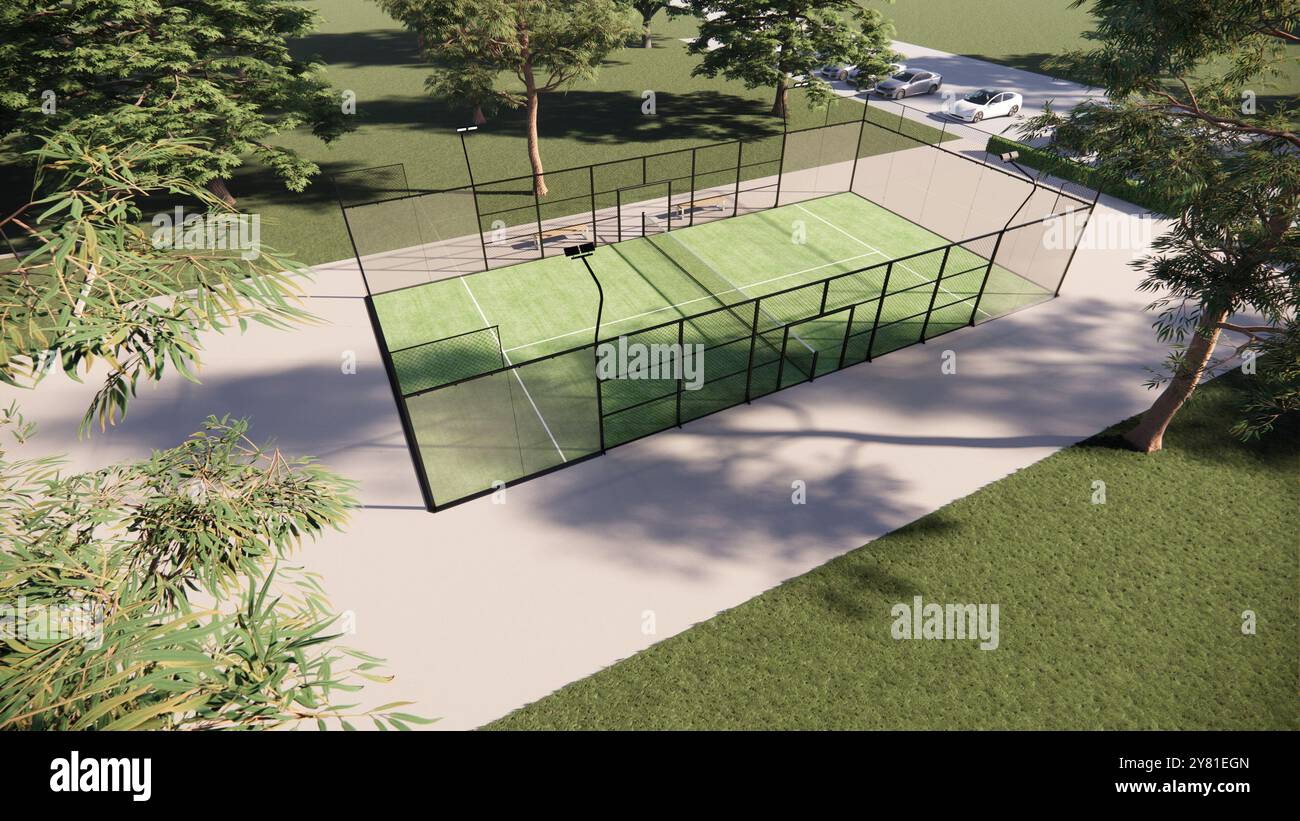 Blick aus der Vogelperspektive auf Padel-Plätze, Tennis bei Tageslicht Stockfoto