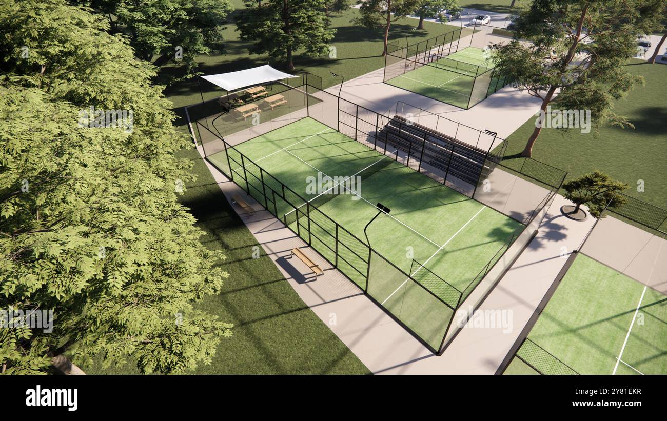 Blick aus der Vogelperspektive auf die grünen Padel-Plätze, Tennisplätze Stockfoto