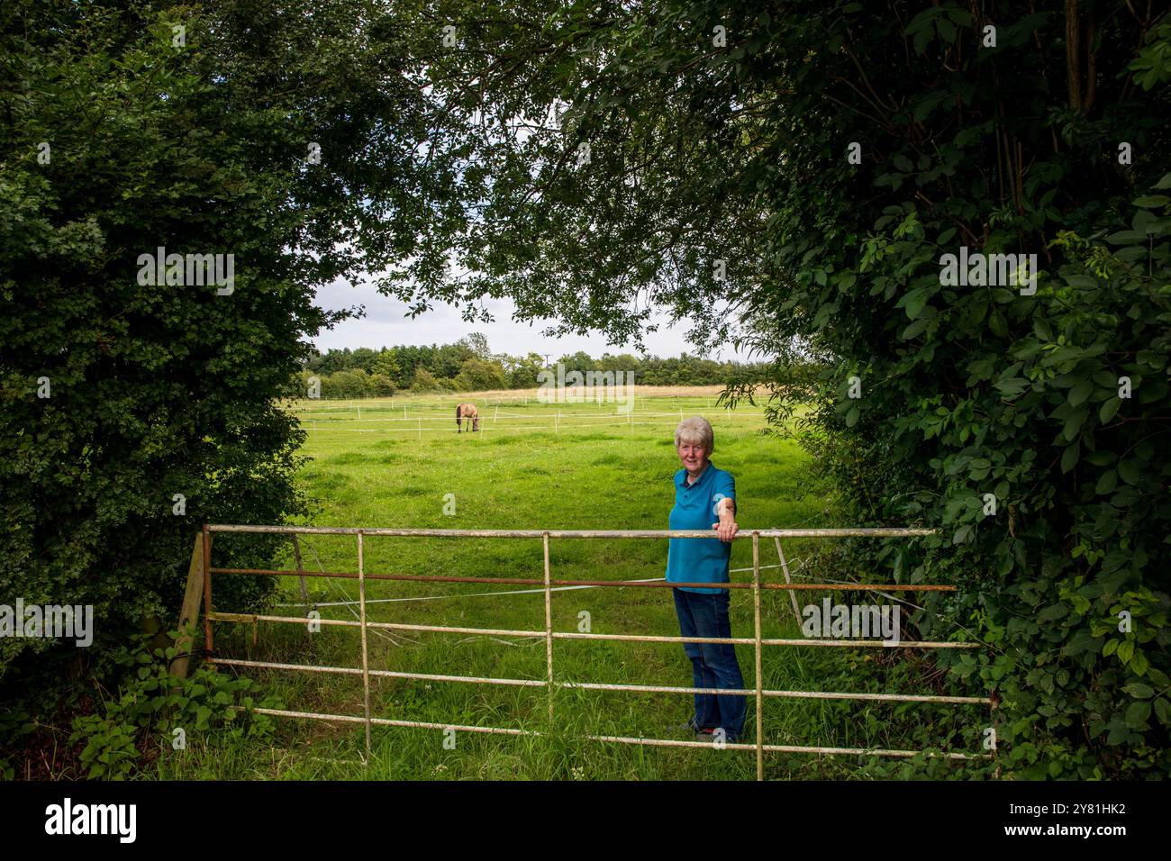 Jen Cooper, der neben der geplanten neuen National Grid Sub Station in Asserby lebt. Der geplante Standort einer New National Grid Substation in Asserby nahe der Historic Town of Alford, Lincolnshire. Das Umspannwerk wird Teil eines neuen Netzes aus oberer und unterirdischer Stromleitung sein, das Strom vom Offshore-Windpark auf die Ostküste Englands hinauf und hinunter transportiert. Stockfoto